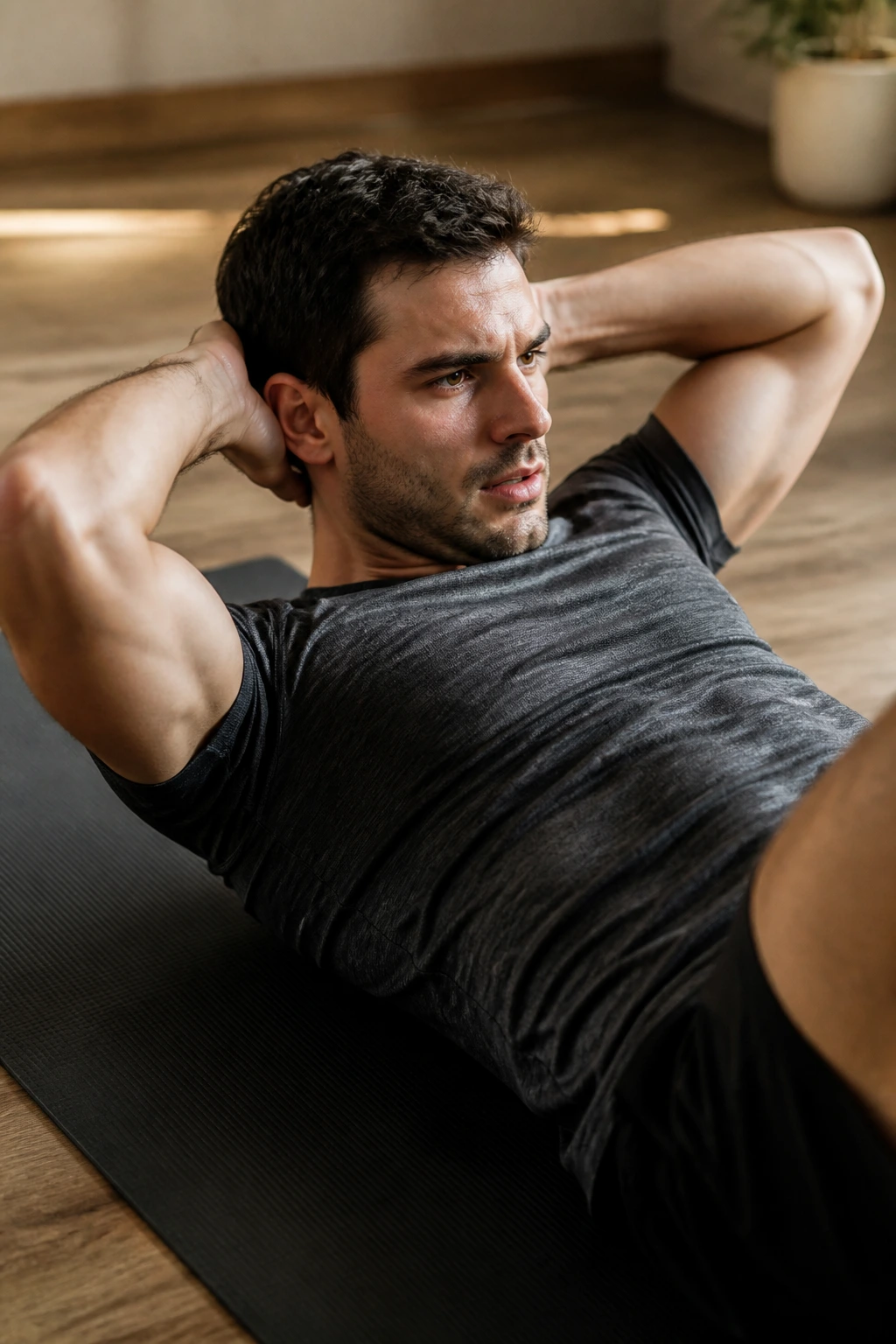 Close-up of a person performing a hands-behind-head crunch with elbows wide on a mat.