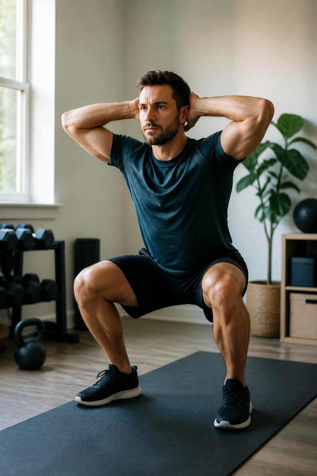 Real person performing hands-behind-head squat in a home workout setting