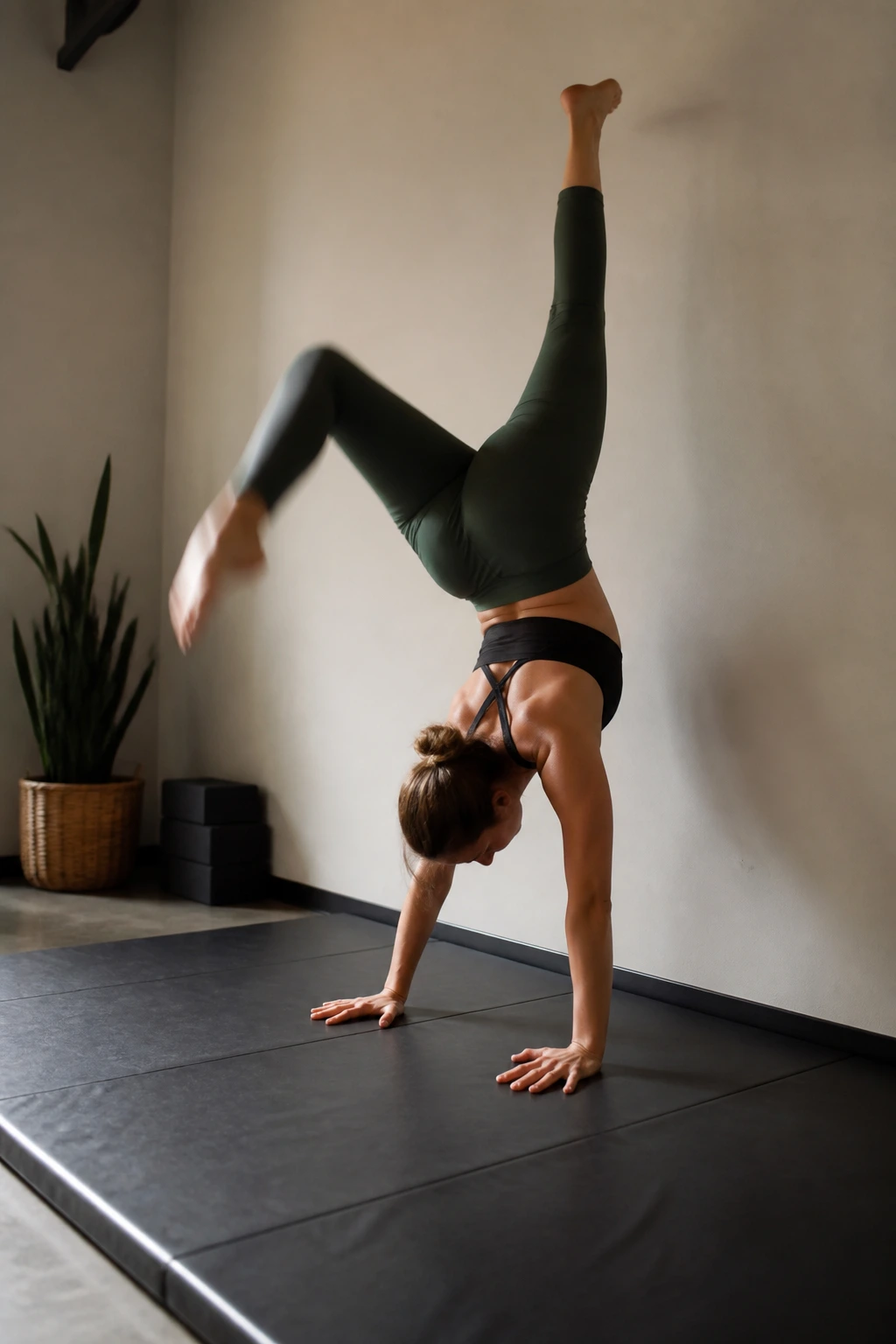 Real person practicing back-to-wall kick-up against a wall with one leg lifted and the other swinging