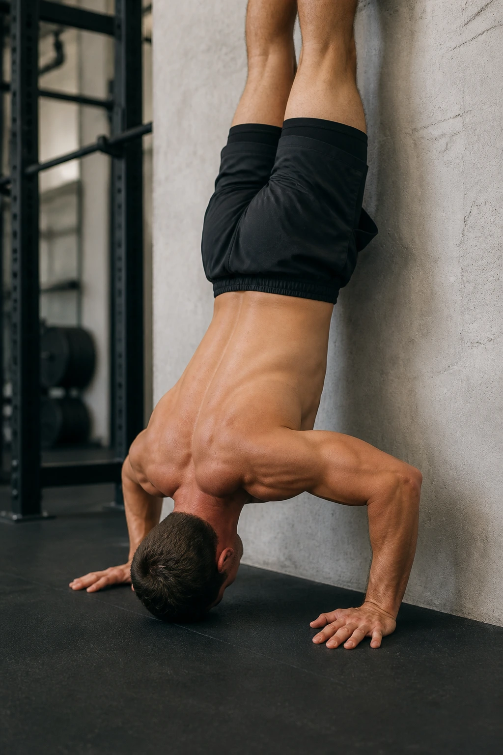 Close-up of a real person performing a wall-facing handstand push-up negative
