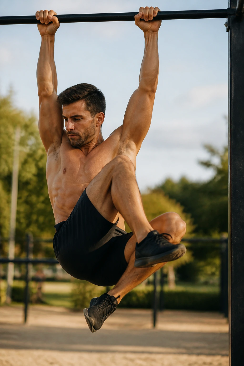 Close-up of person performing hanging bicycle knee-to-elbow crunch on pull-up bar