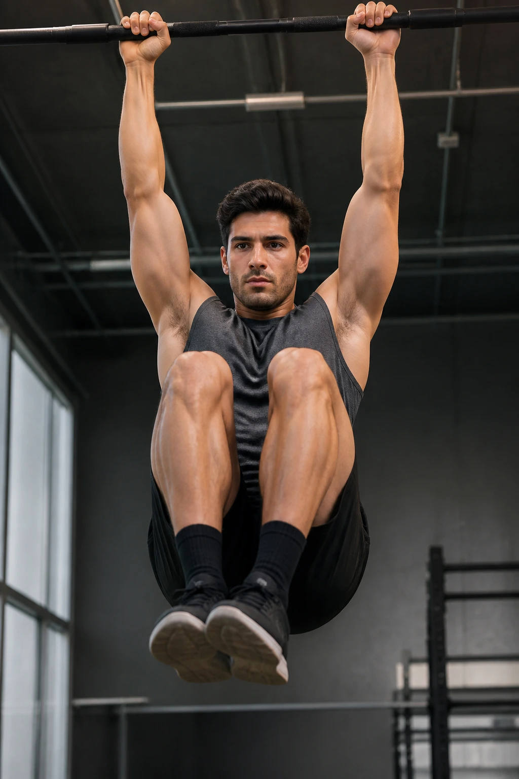Person doing a hanging knee raise with knees bent near chest