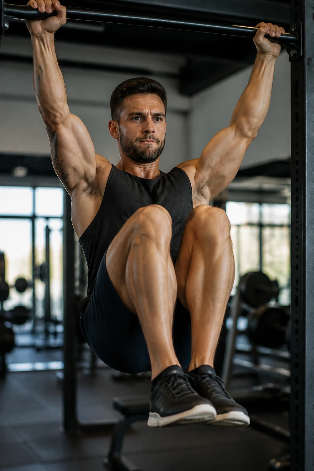 Close-up of a person performing a hanging knee raise on a pull-up bar in a gym