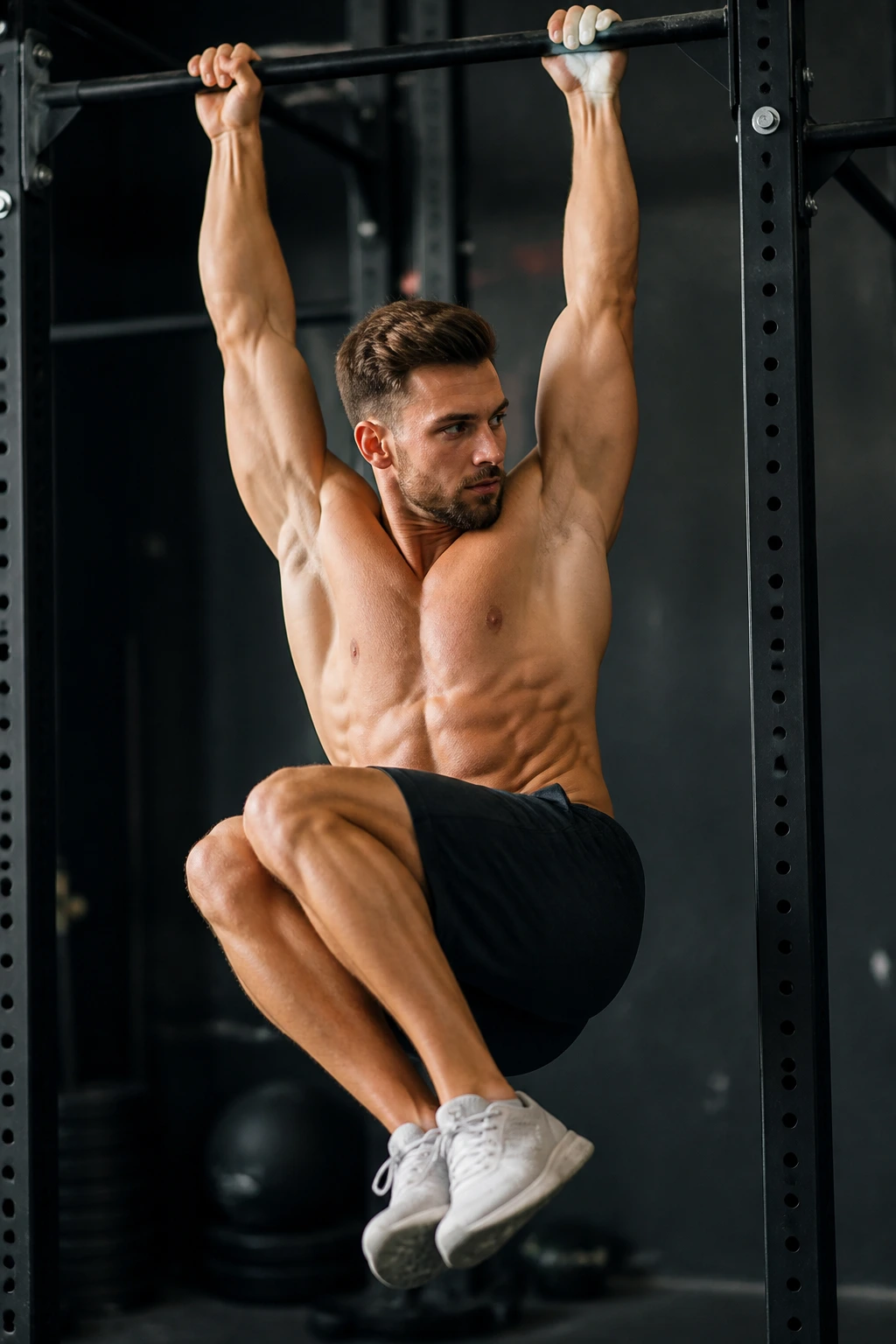 Hanging knee raise with twist on a pull-up bar showing oblique engagement