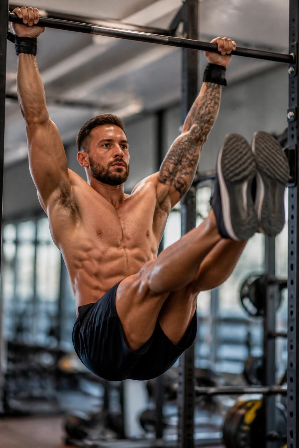 Medium close-up of a person performing a hanging leg raise on a pull-up bar in a gym