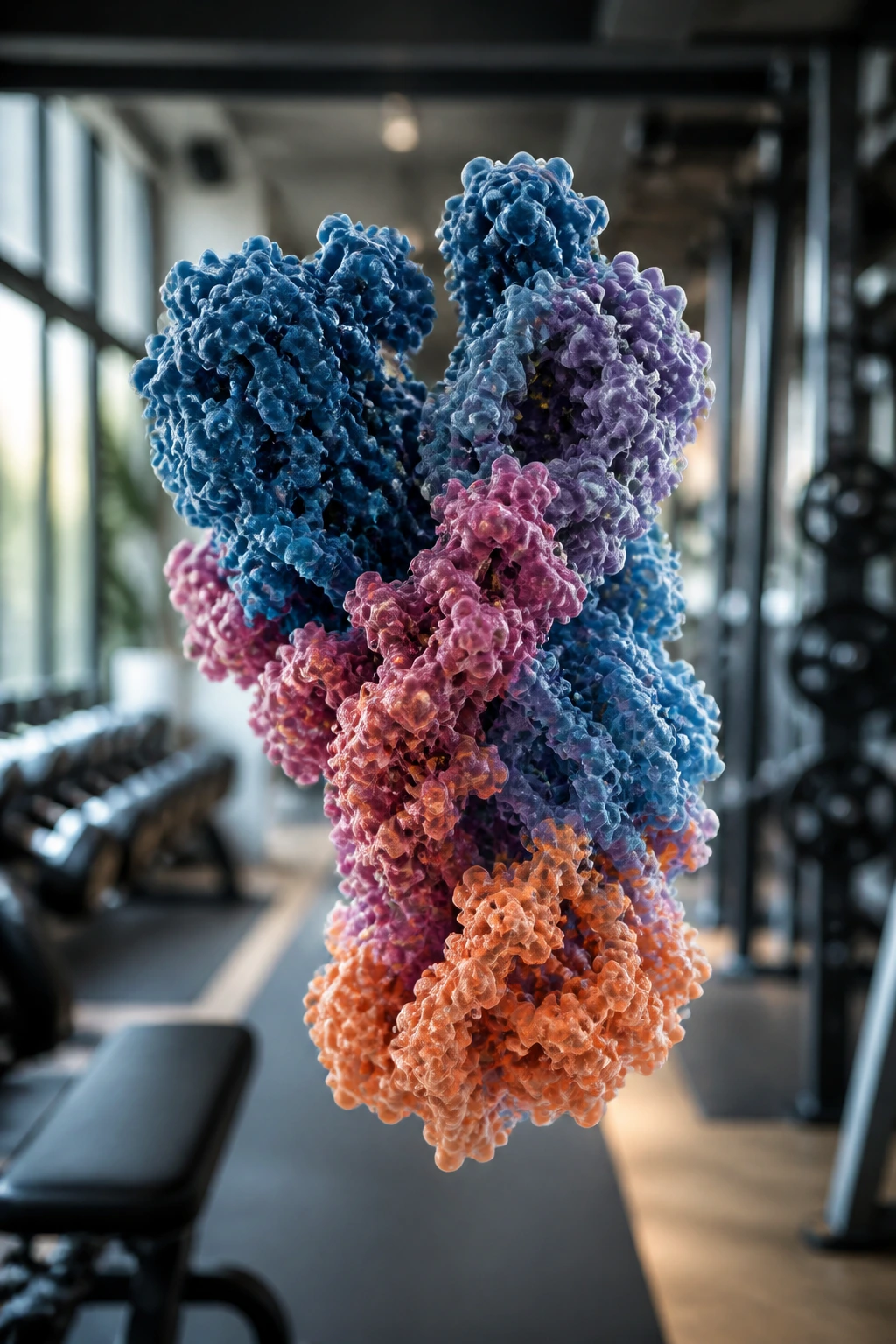 Close-up 3D model of hCG hormone with gym background