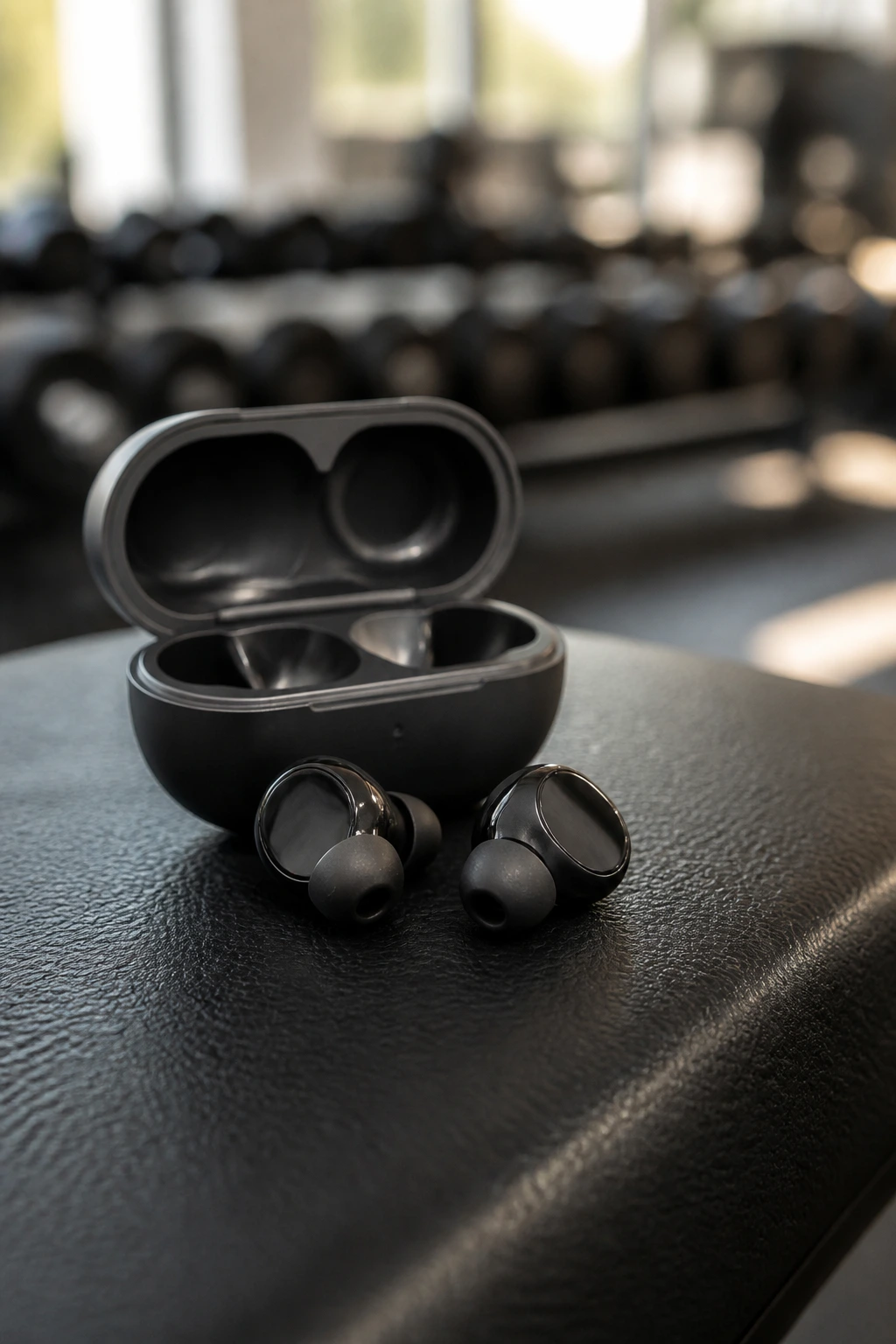 Wireless earbuds with charging case on a gym bench