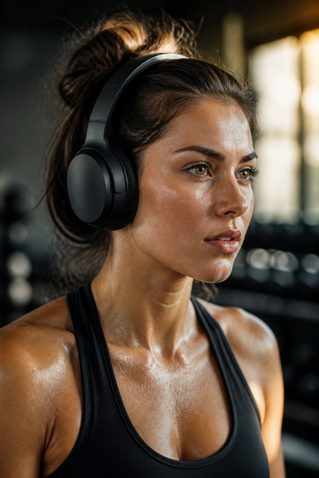 Close-up of a real person wearing gym over-ear headphones
