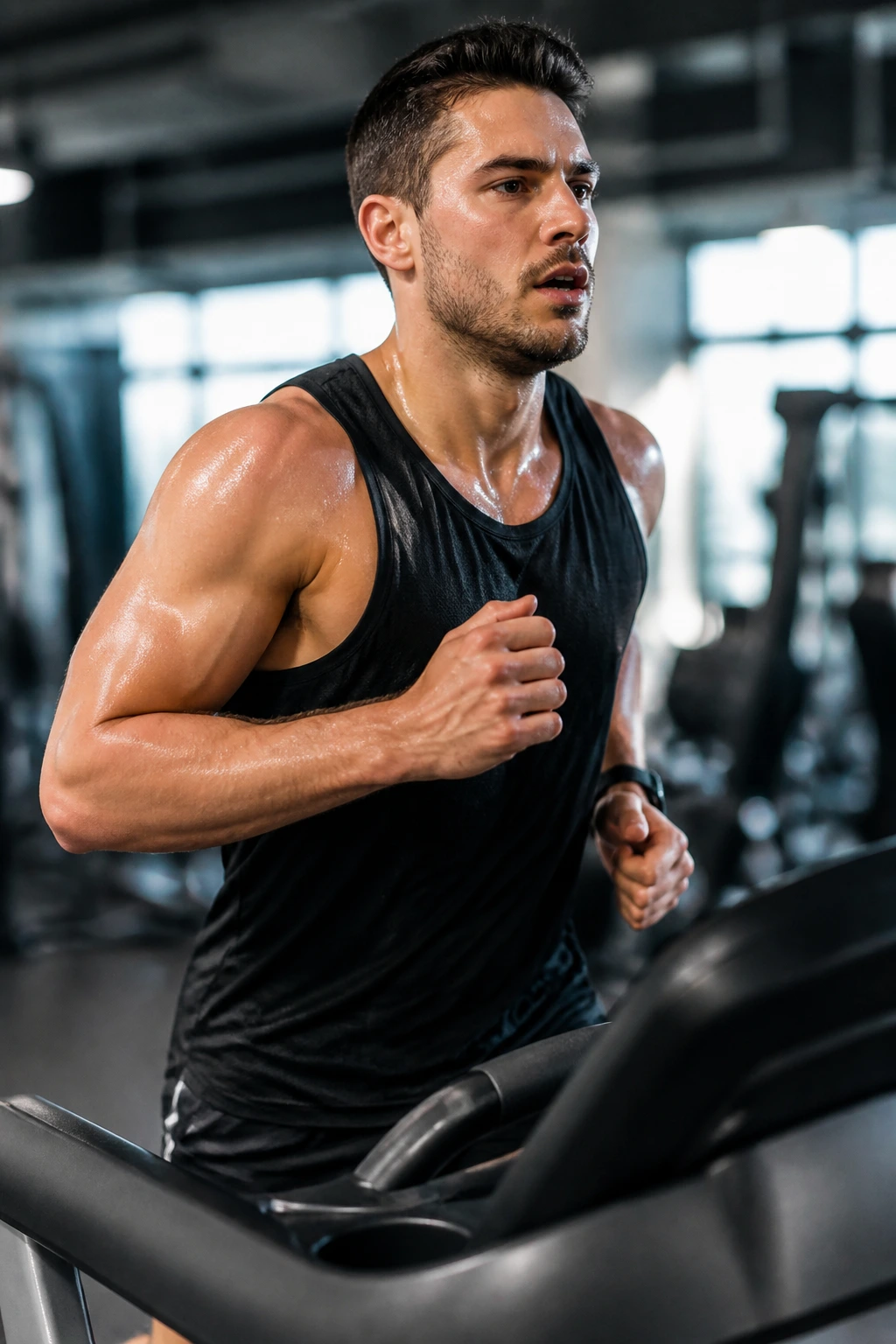 Medium close-up of a person exerting on a treadmill with focused expression