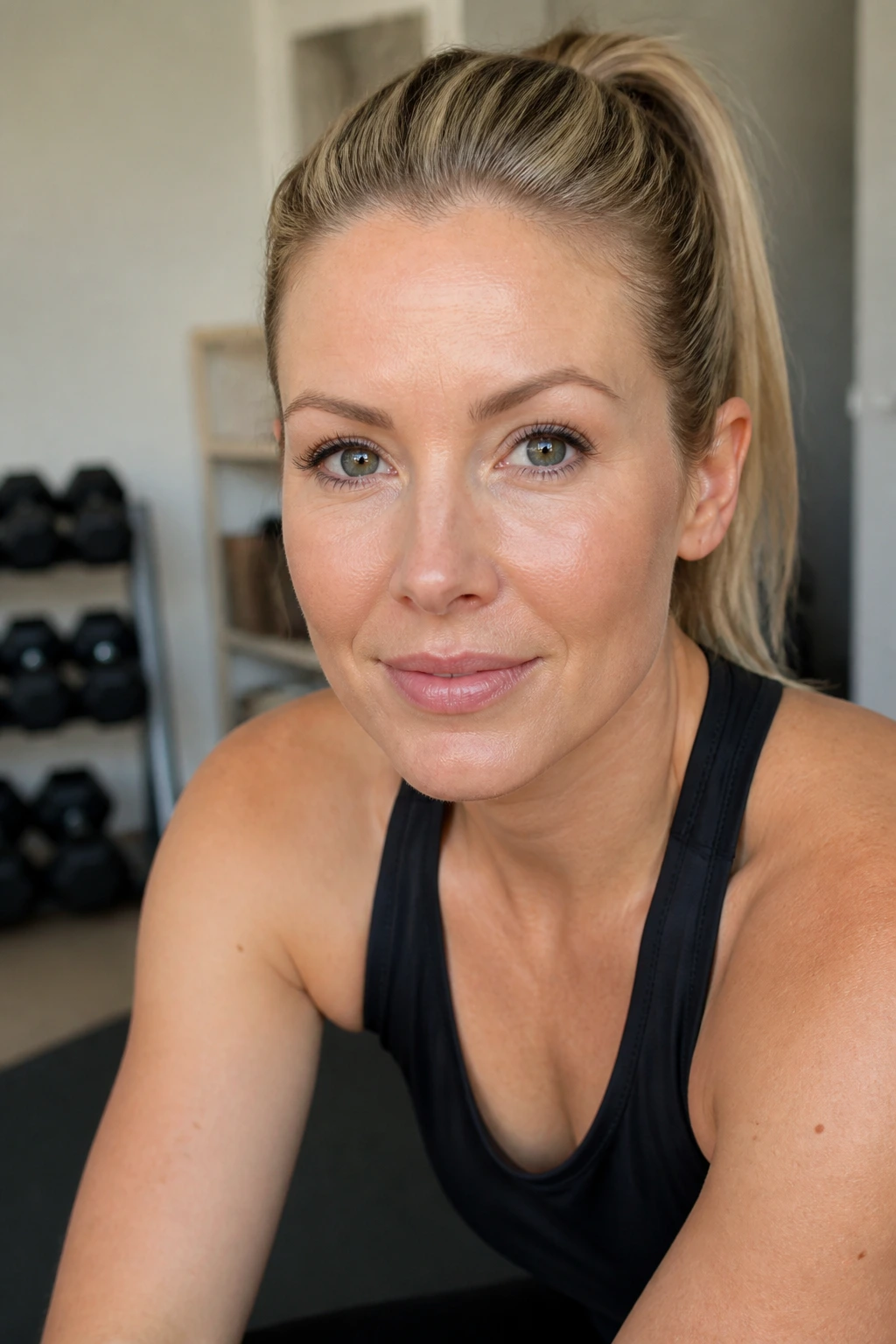 Close-up portrait of Heather Robertson during a quiet home workout