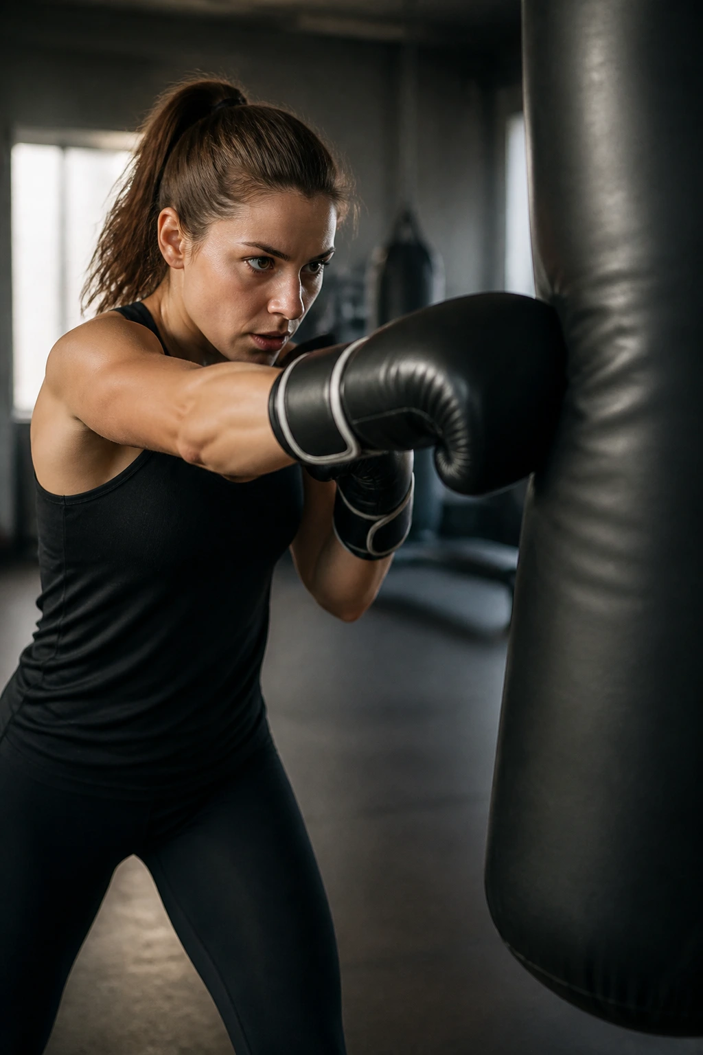 Woman punching a heavy bag in a gym