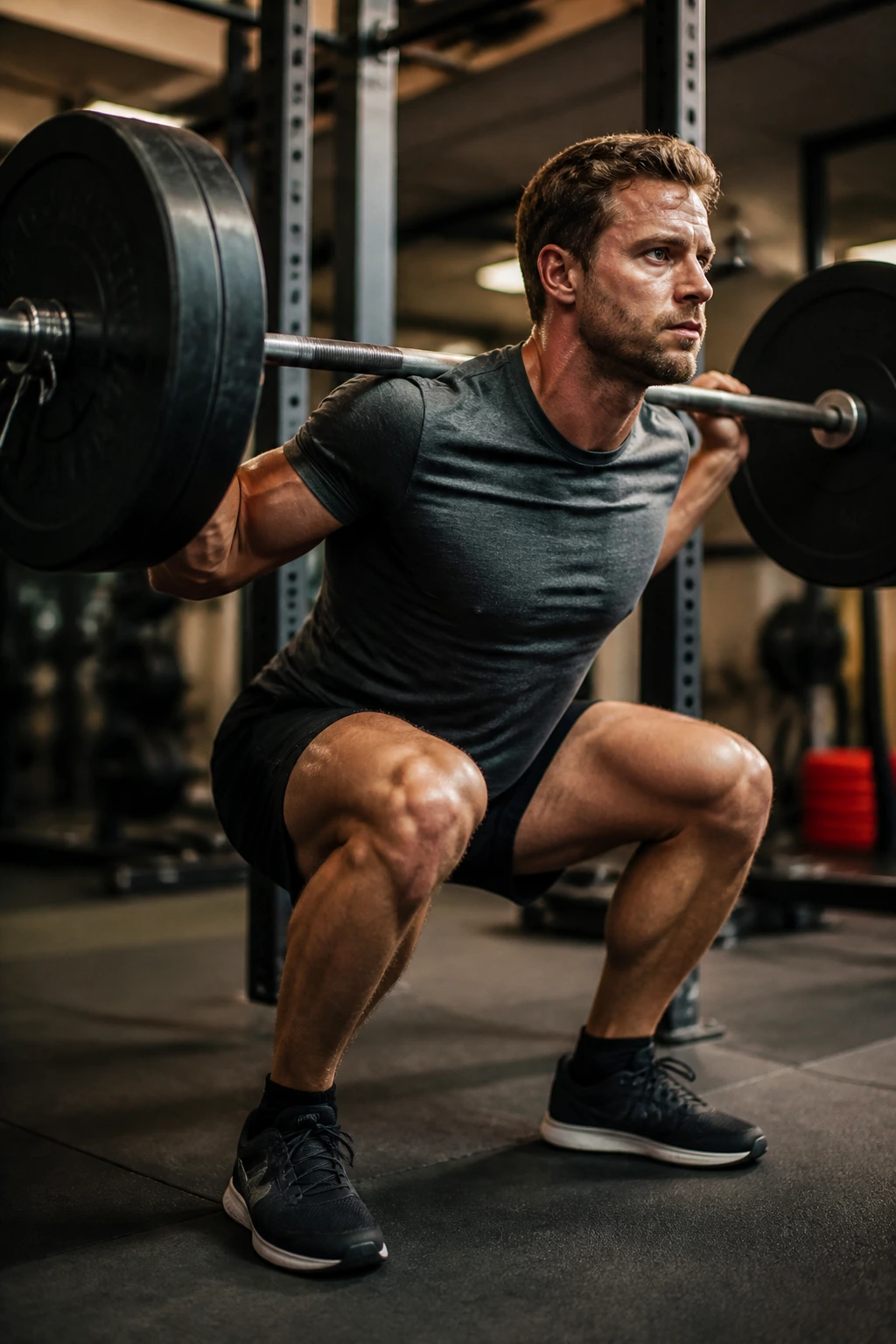 Runner performing heavy back squat in gym, focus on lifting form