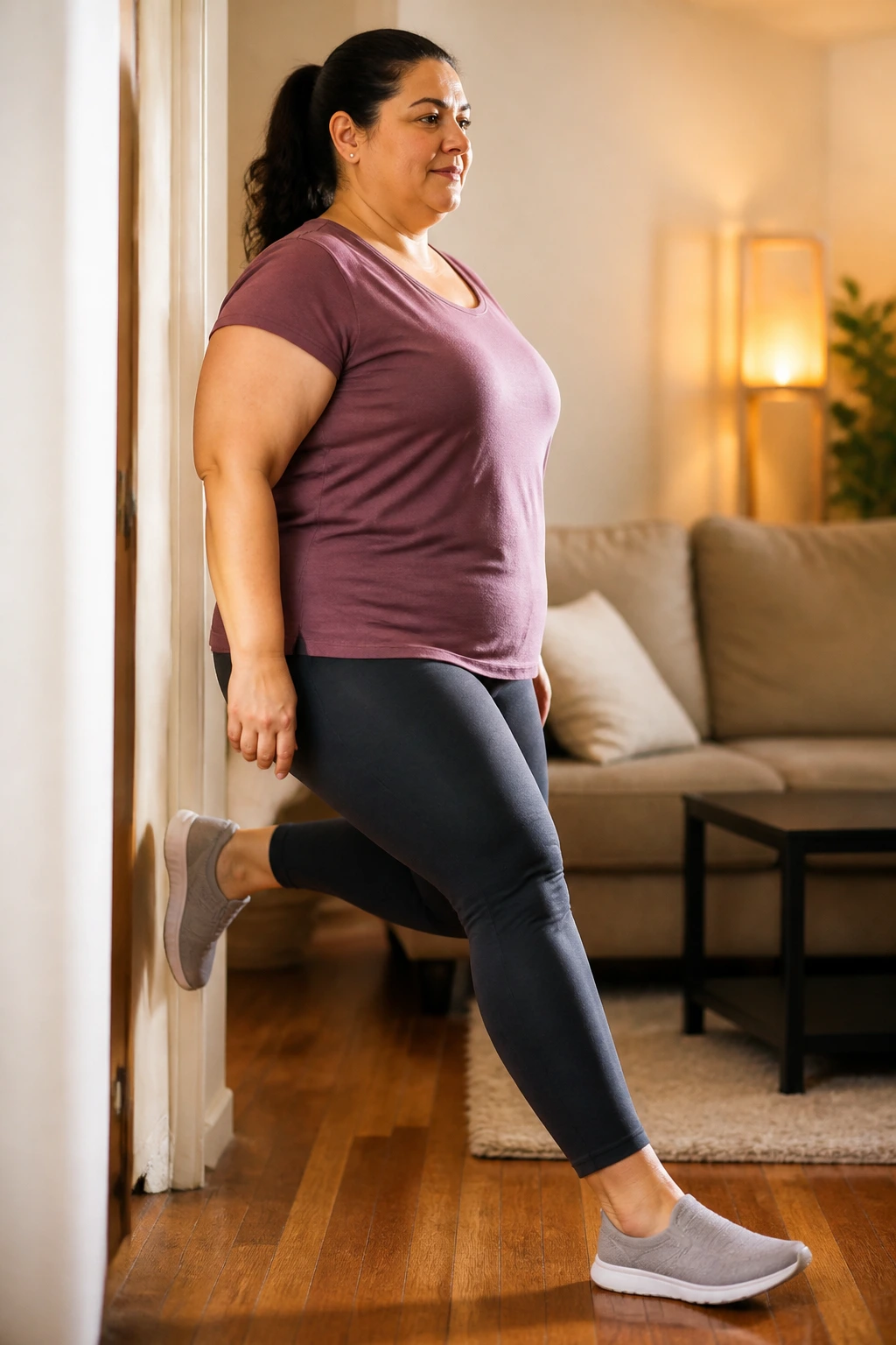 Heel digs and hamstring curls performed in a small living room