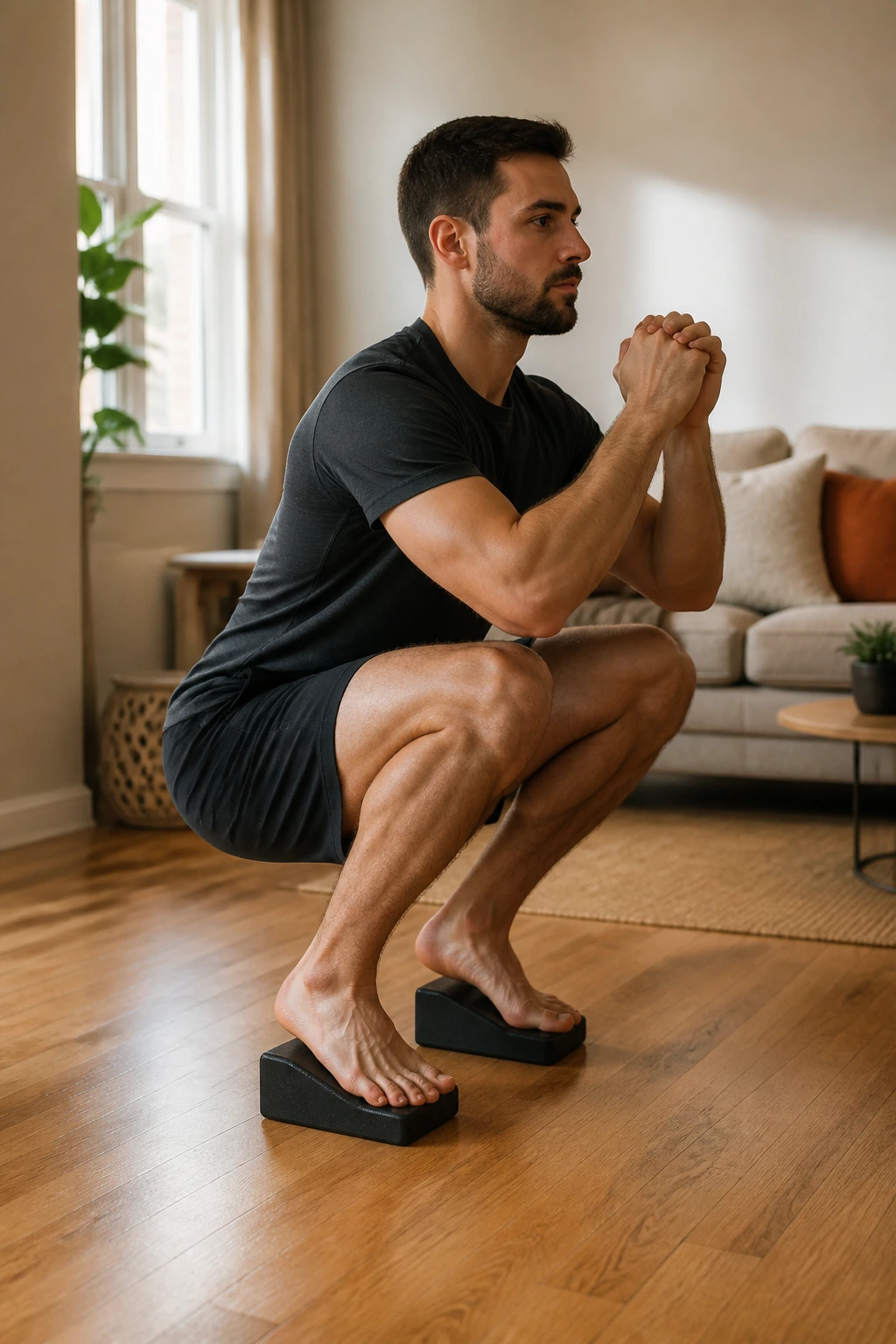Person performing heel-elevated squat with blocks under heels in home