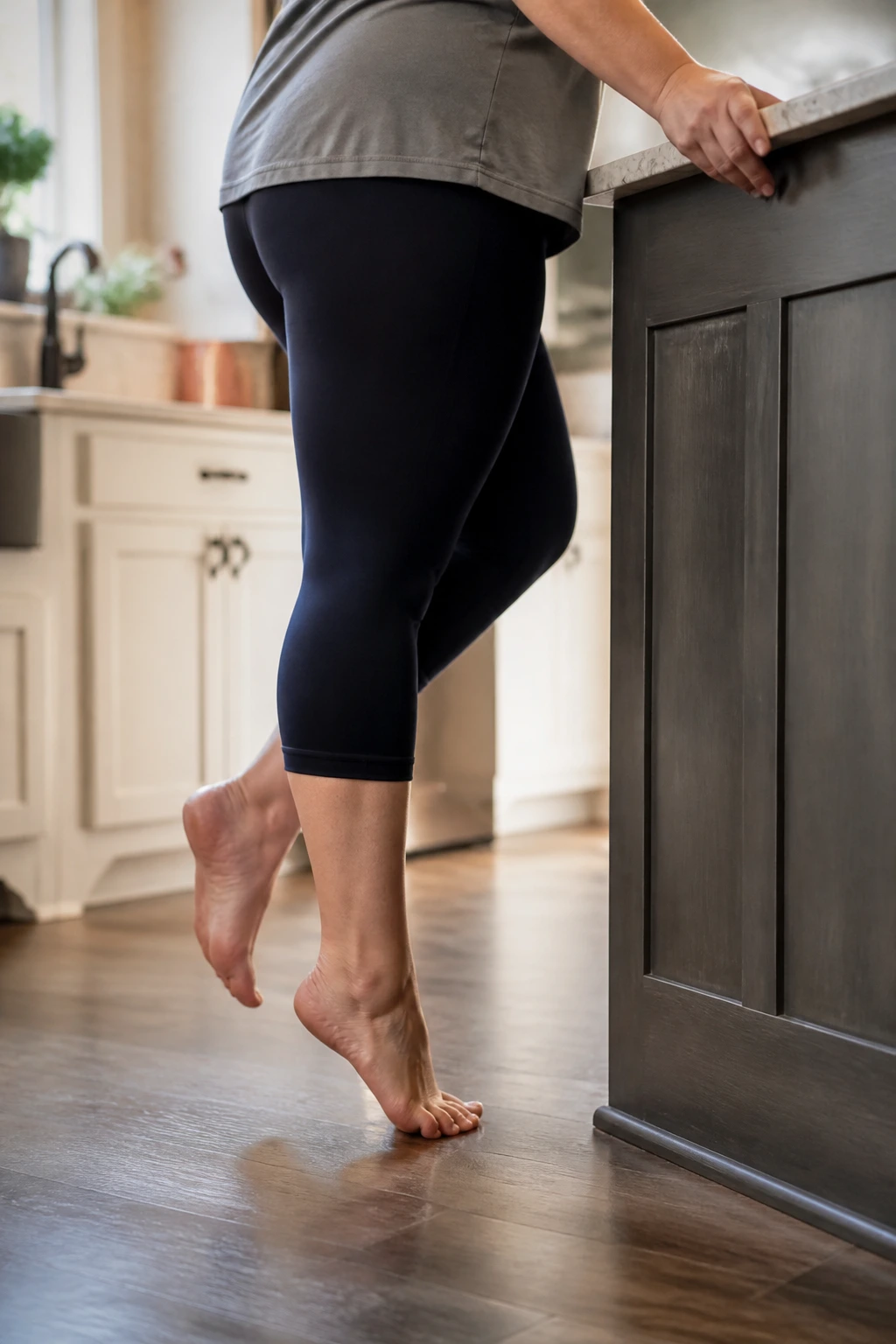 Close-up of feet performing heel raises at a kitchen counter for ankle-strength training