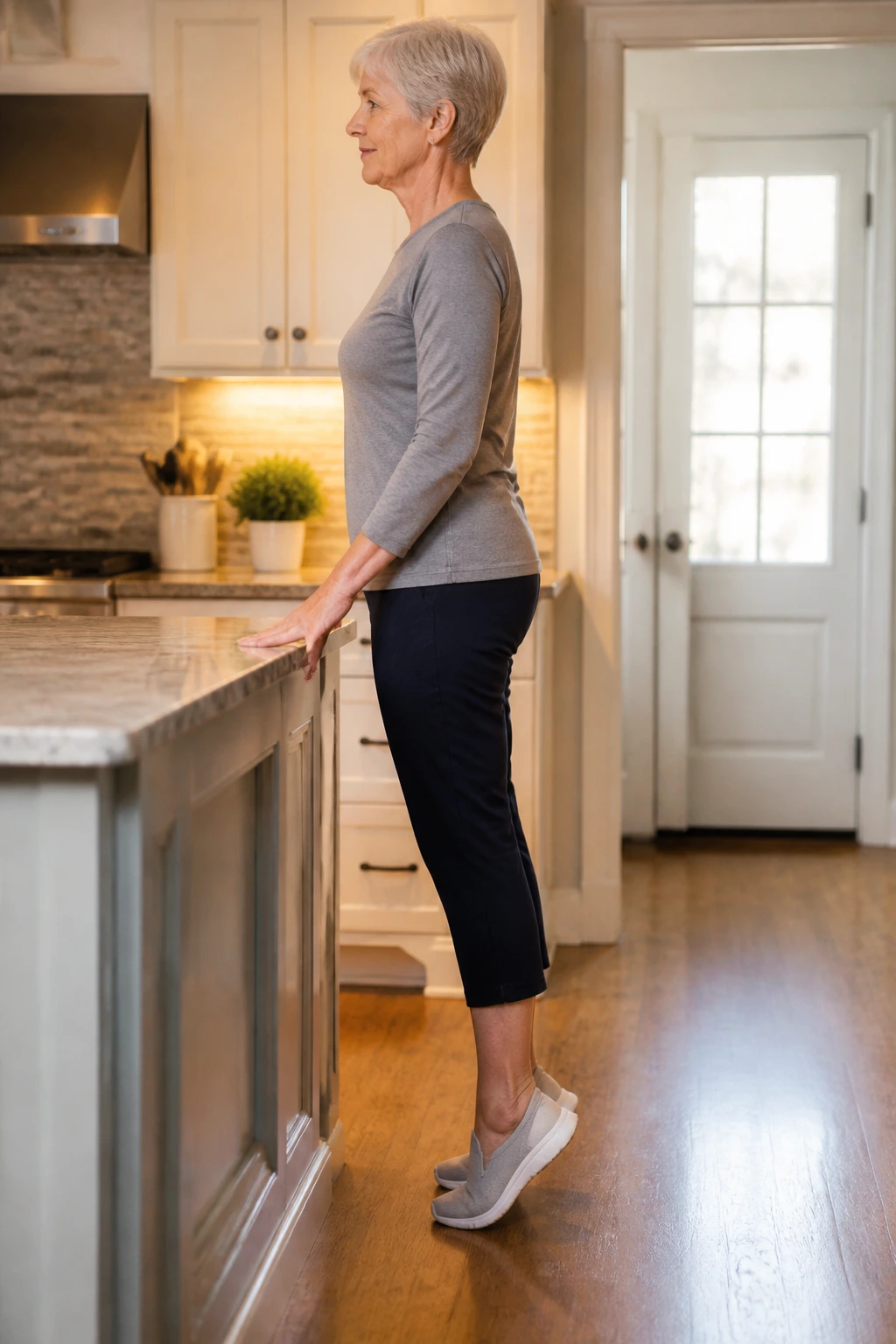 Senior performing heel raises at kitchen counter