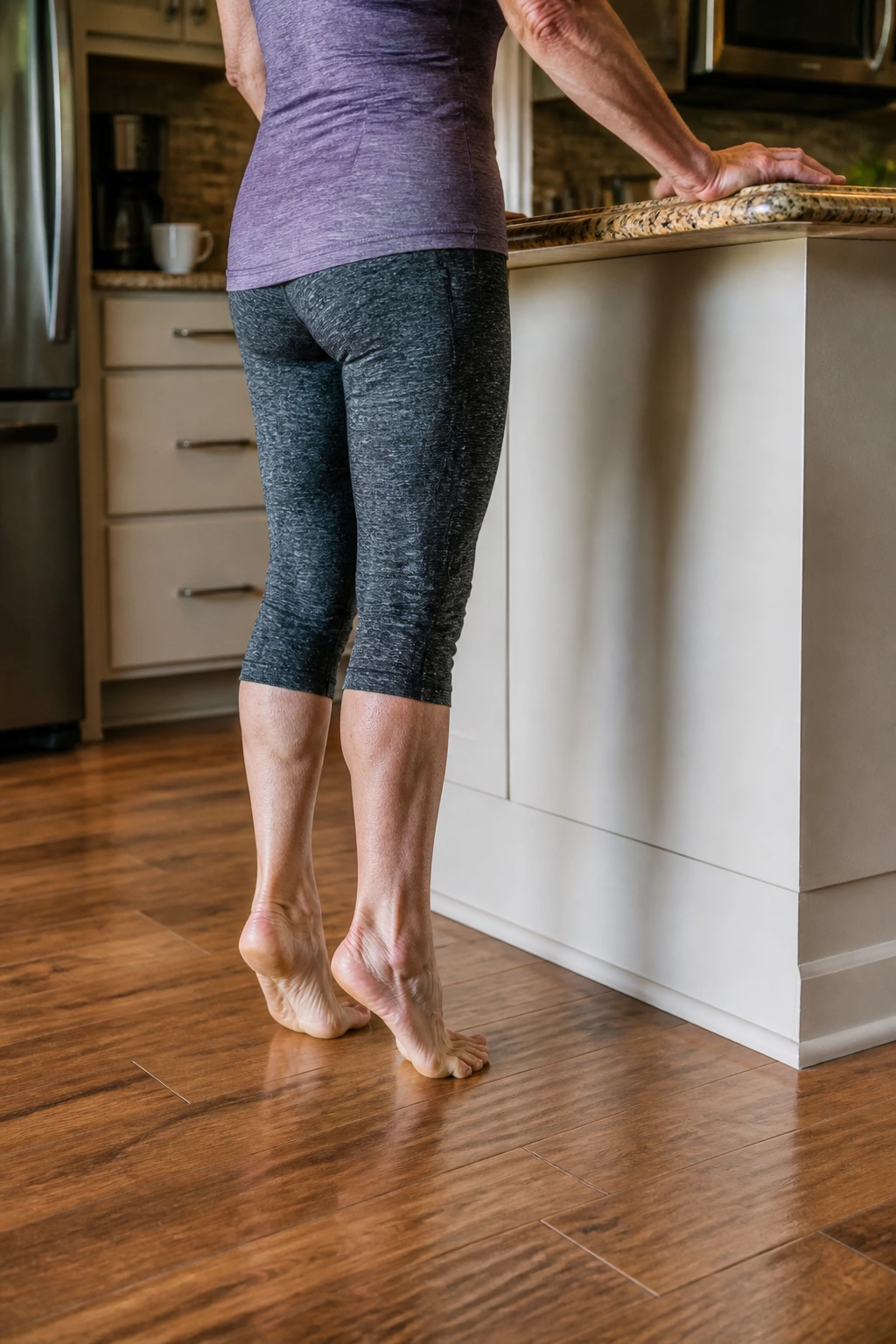 Senior performing heel raises at kitchen counter
