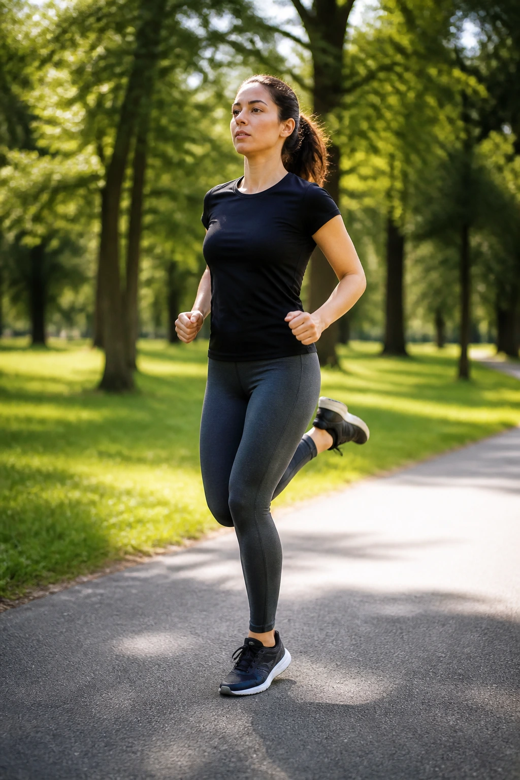 Person performing heel-to-butt kicks outdoors in a park.