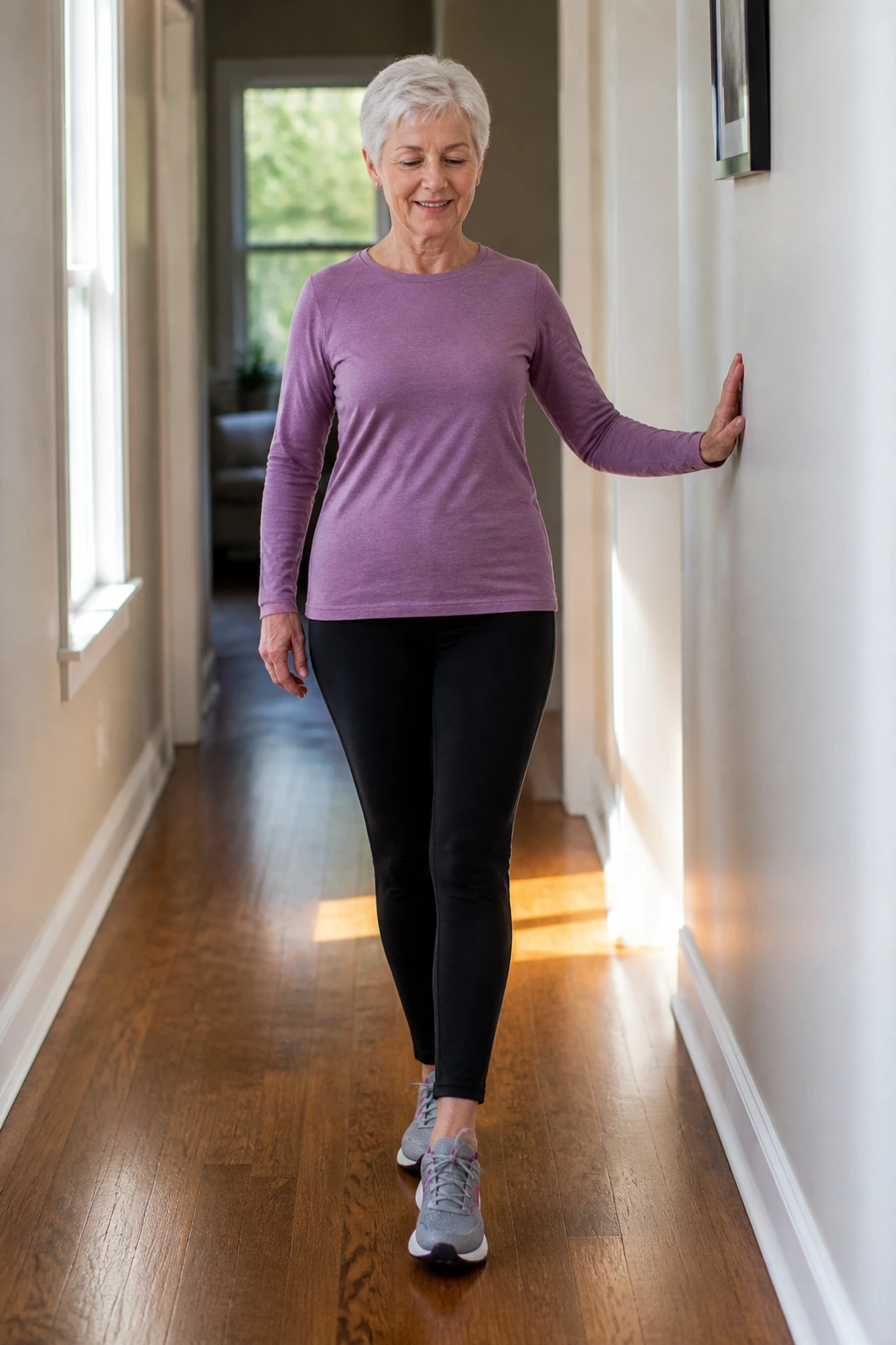 Mid-shot of a person performing a heel-to-toe walk for balance in a home hallway.
