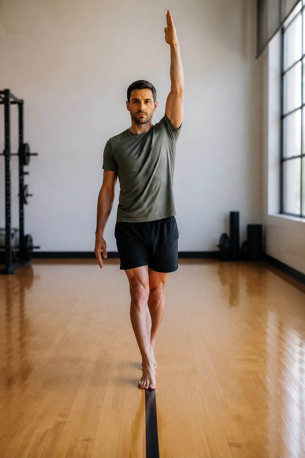 Portrait of a person performing heel-to-toe walk with arm reach, demonstrating controlled balance and posture.