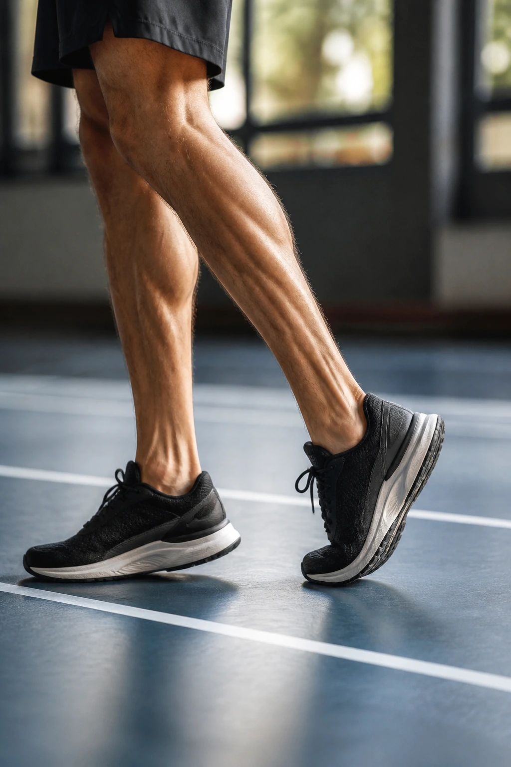 Close-up of a person performing heel walks on gym floor.