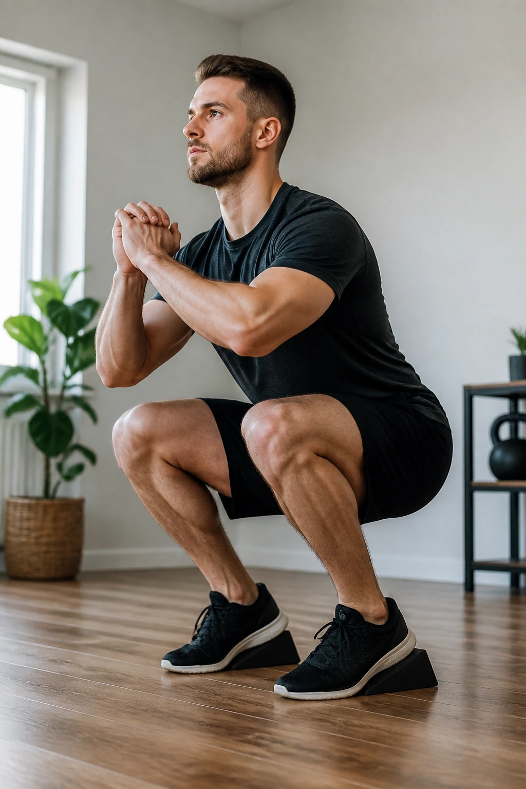 Medium-close shot of a person doing a heels-elevated squat on a wedge in a home setting