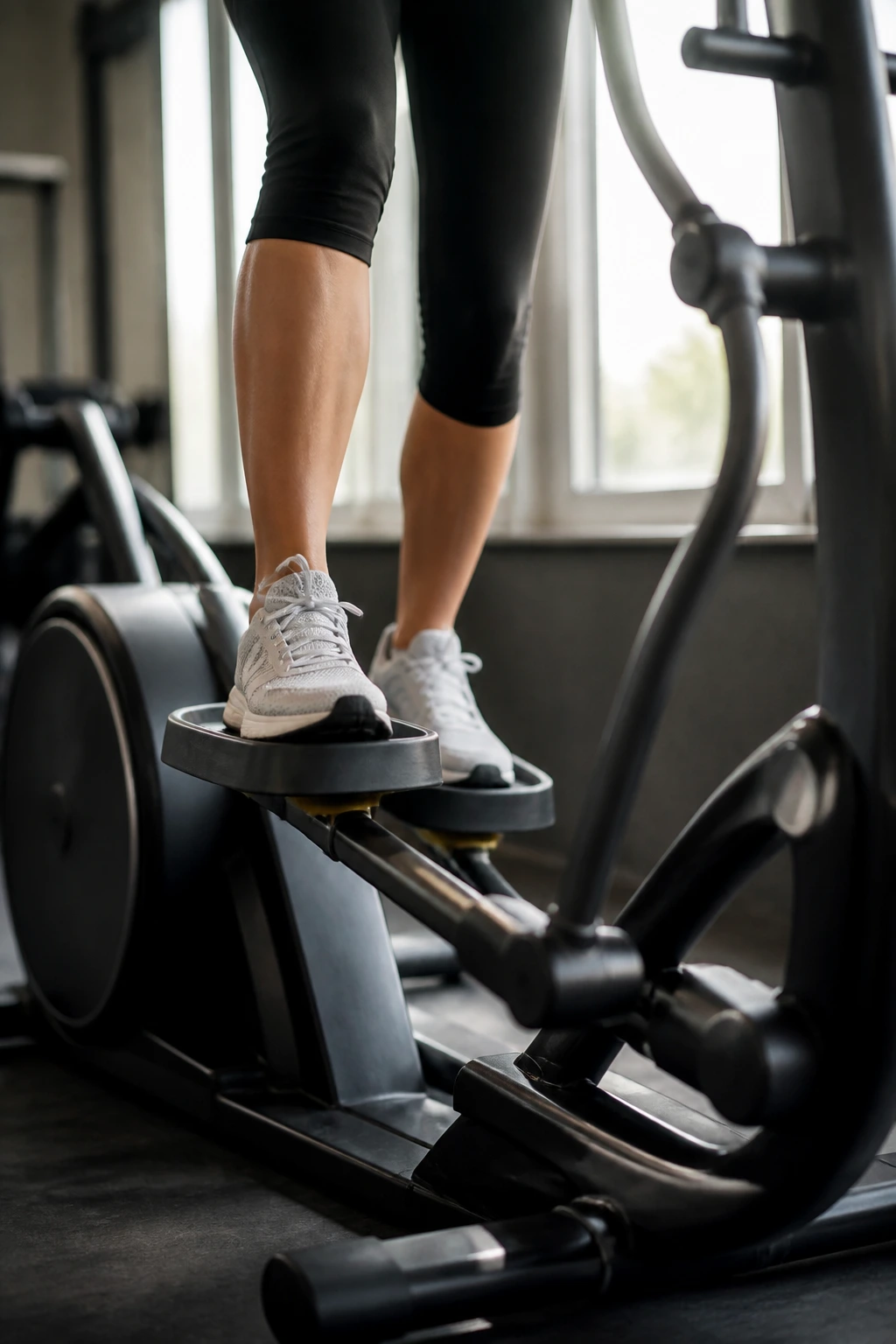 Woman on cross trainer performing high cadence light-resistance burn