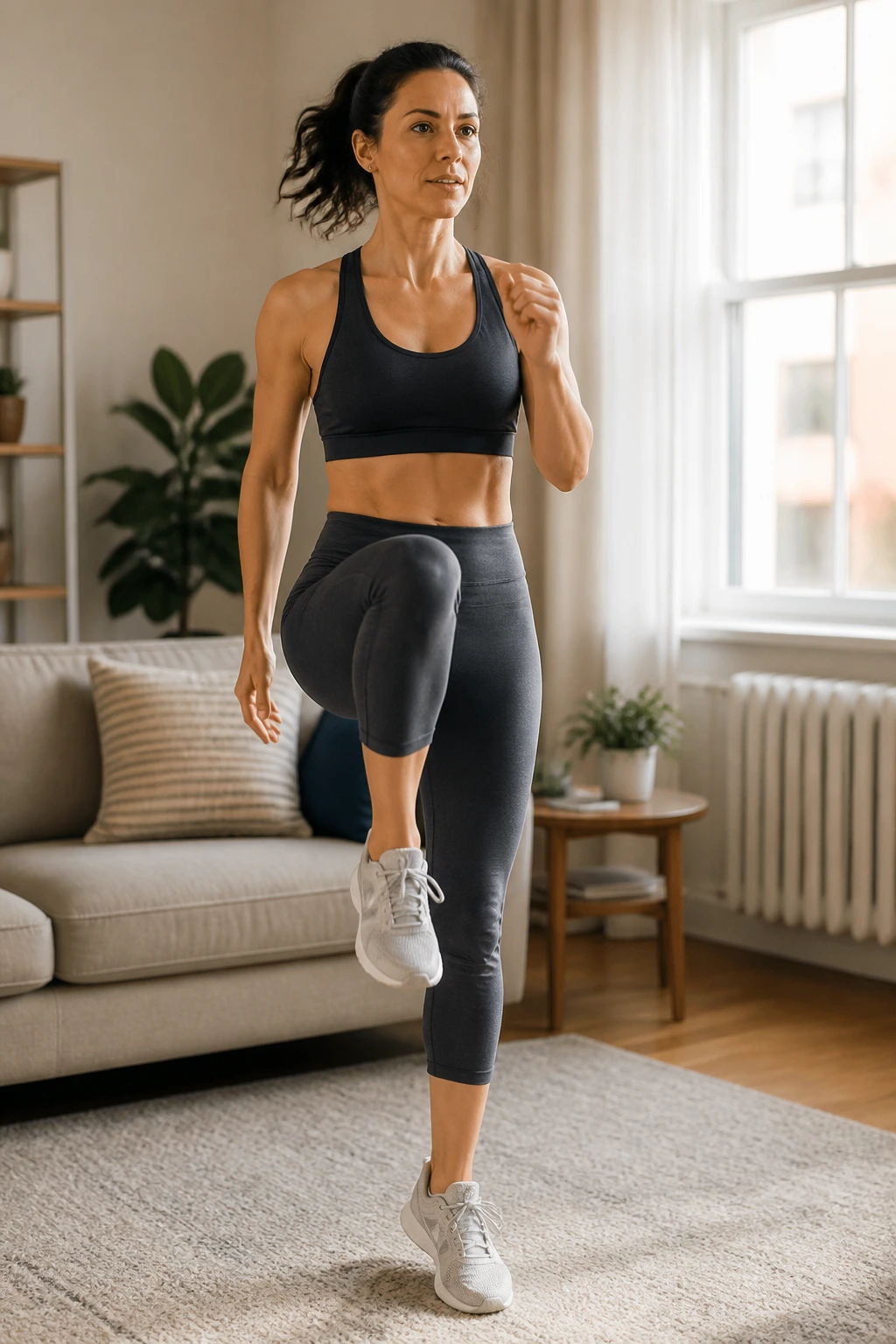 Real person performing high-knee marches in place in a cozy living room
