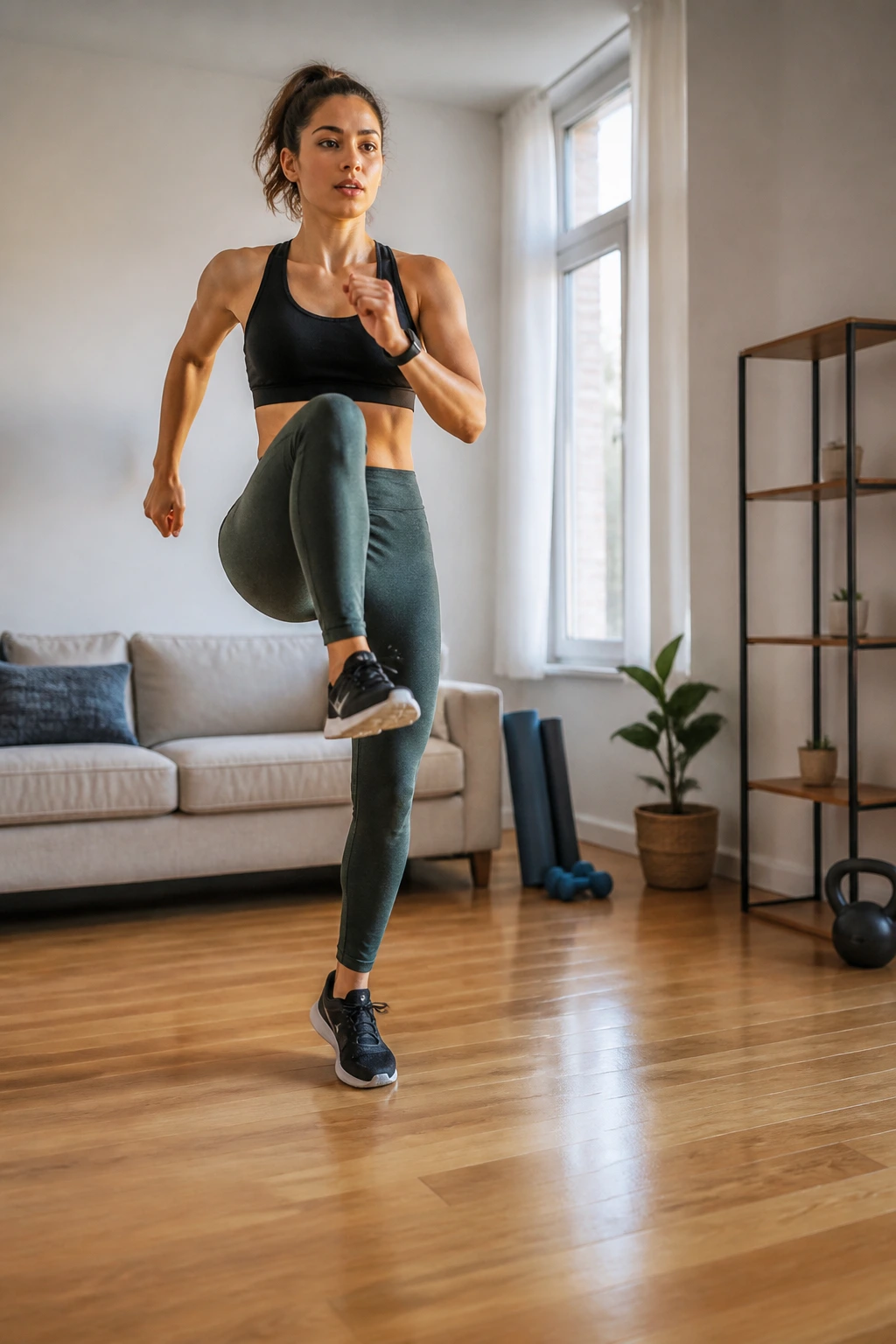 Medium shot of a person performing high knees and step-outs in a compact home space.
