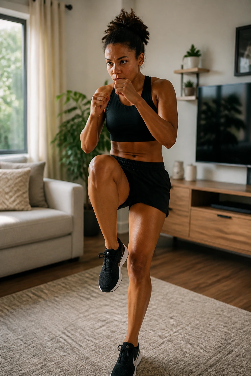 Athlete doing high-knee bursts with boxing in a small home space