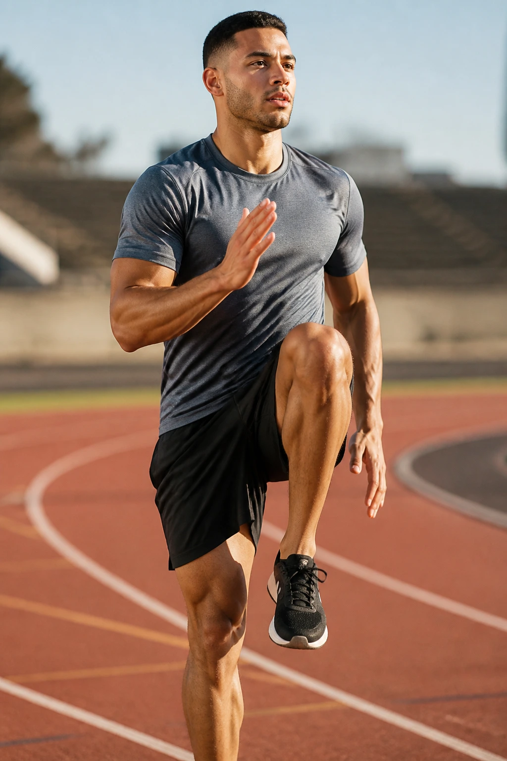 Mid-torso shot of a person performing high knees outdoors