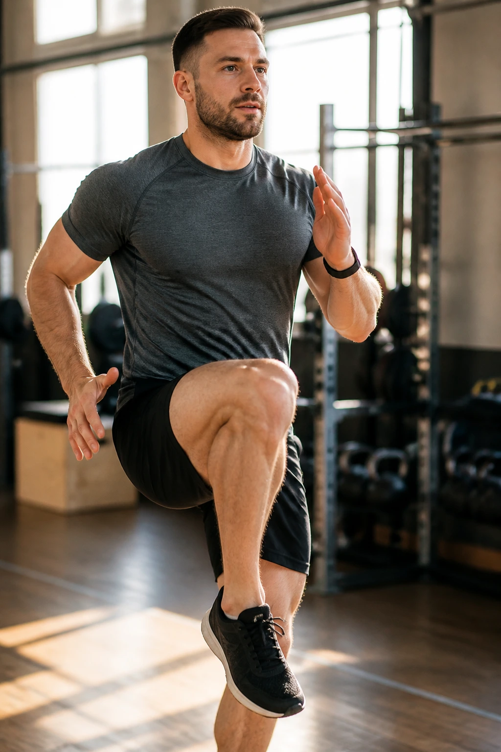 Close up of a person performing high knees in a sunlit gym
