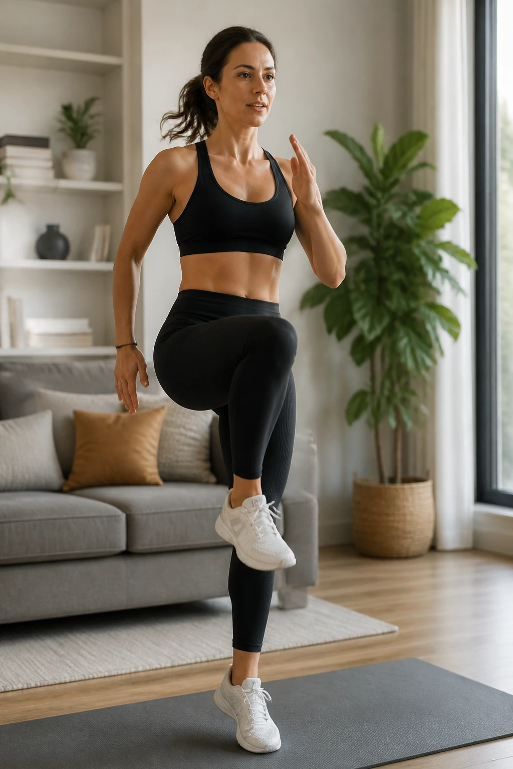 Medium close-up of person doing High Knees in Place indoors
