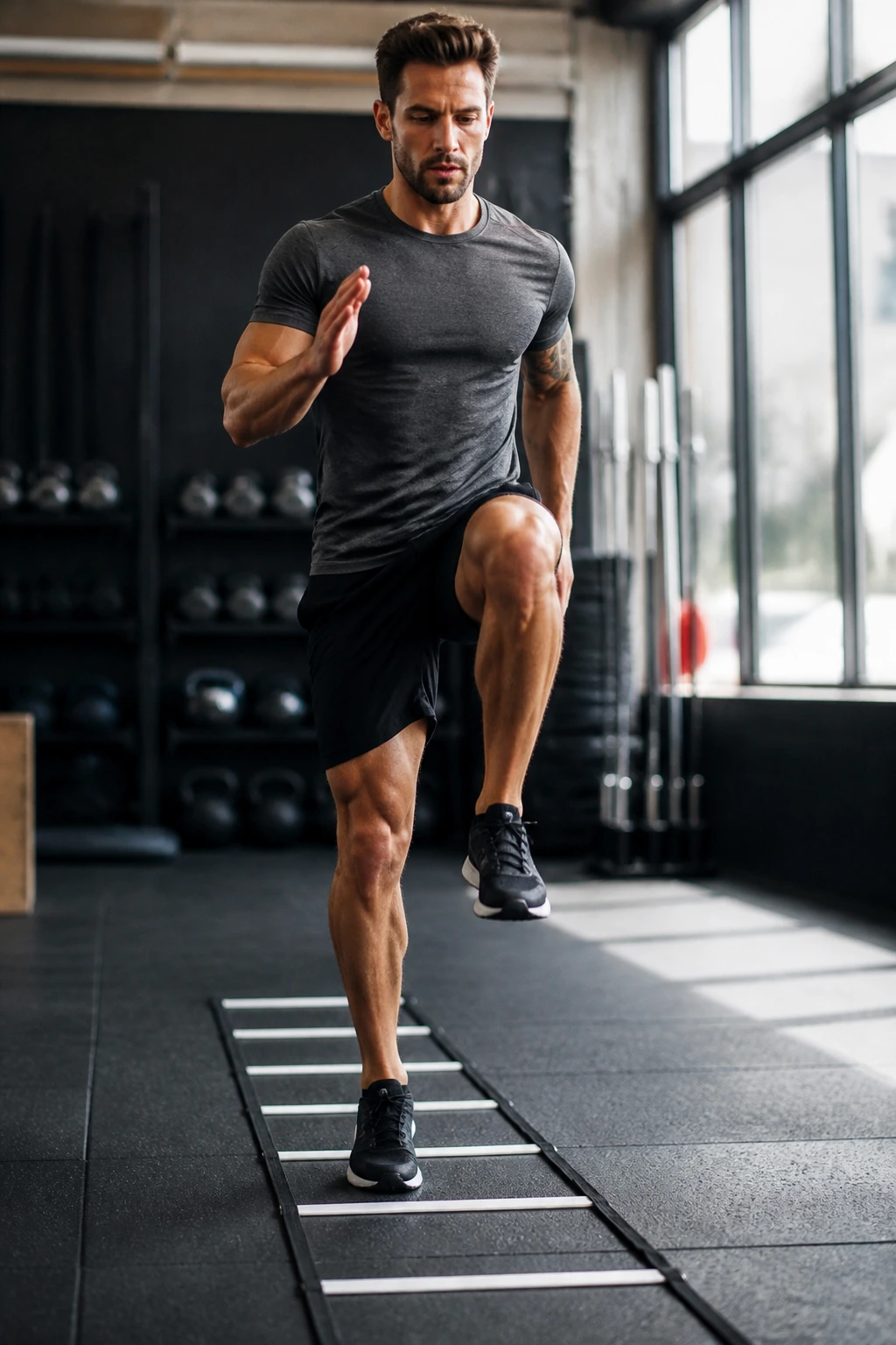 Close up of a athlete performing high knees along a floor ladder in a gym