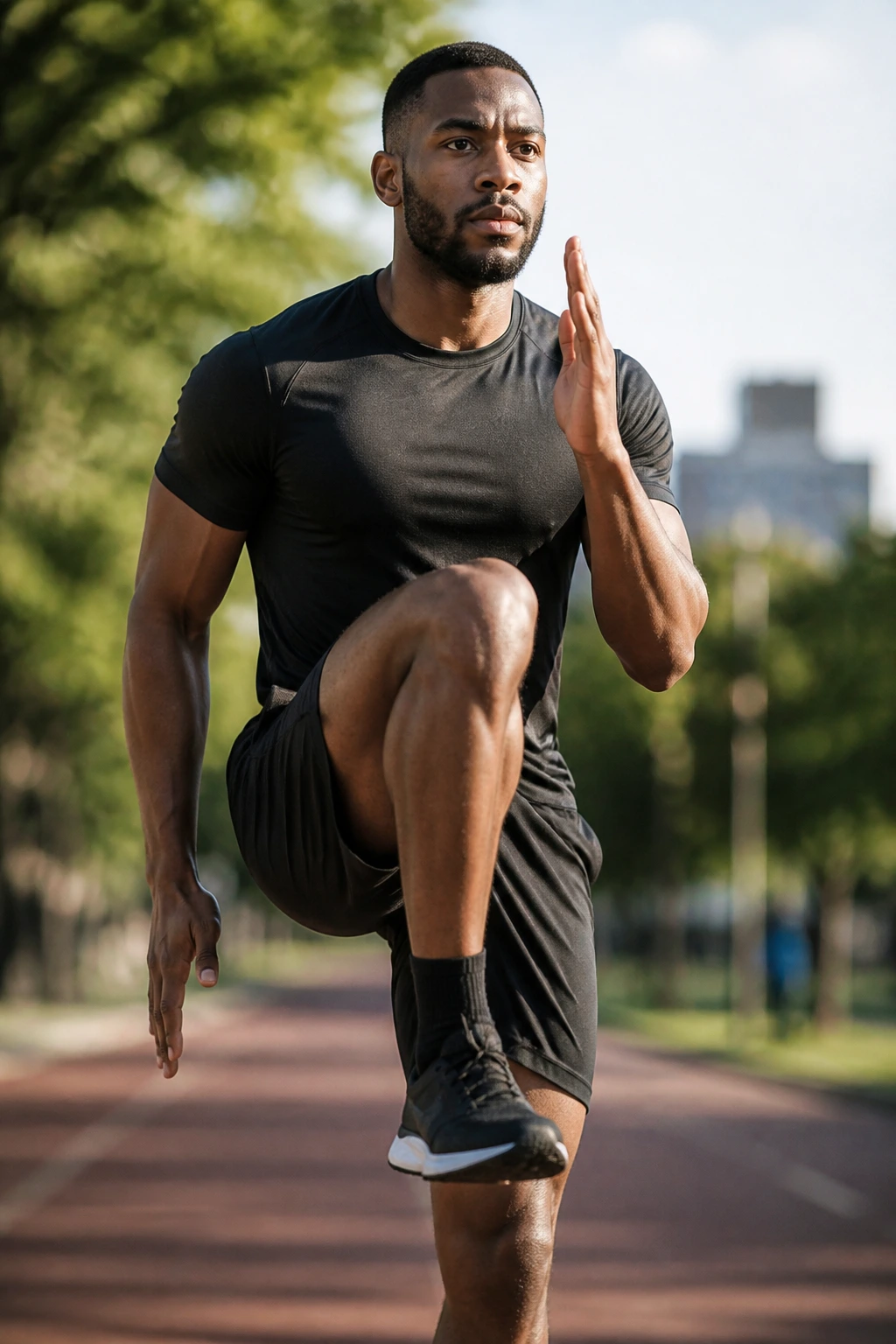 Close-up of a person performing high knees on a track
