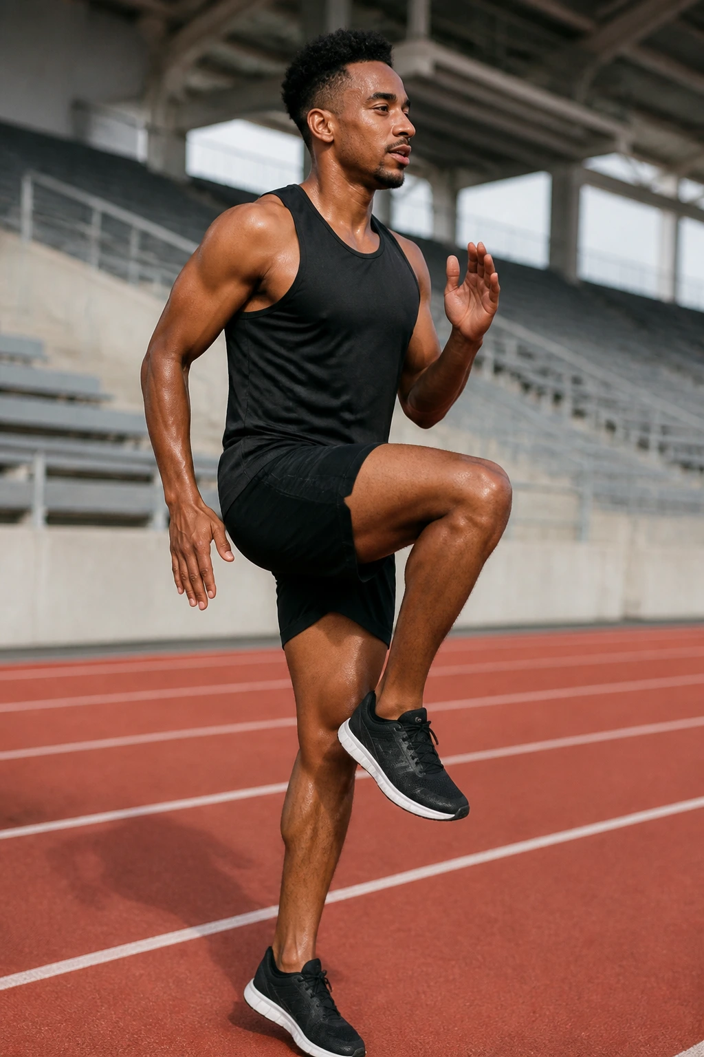 Person doing high knees during warmup on track