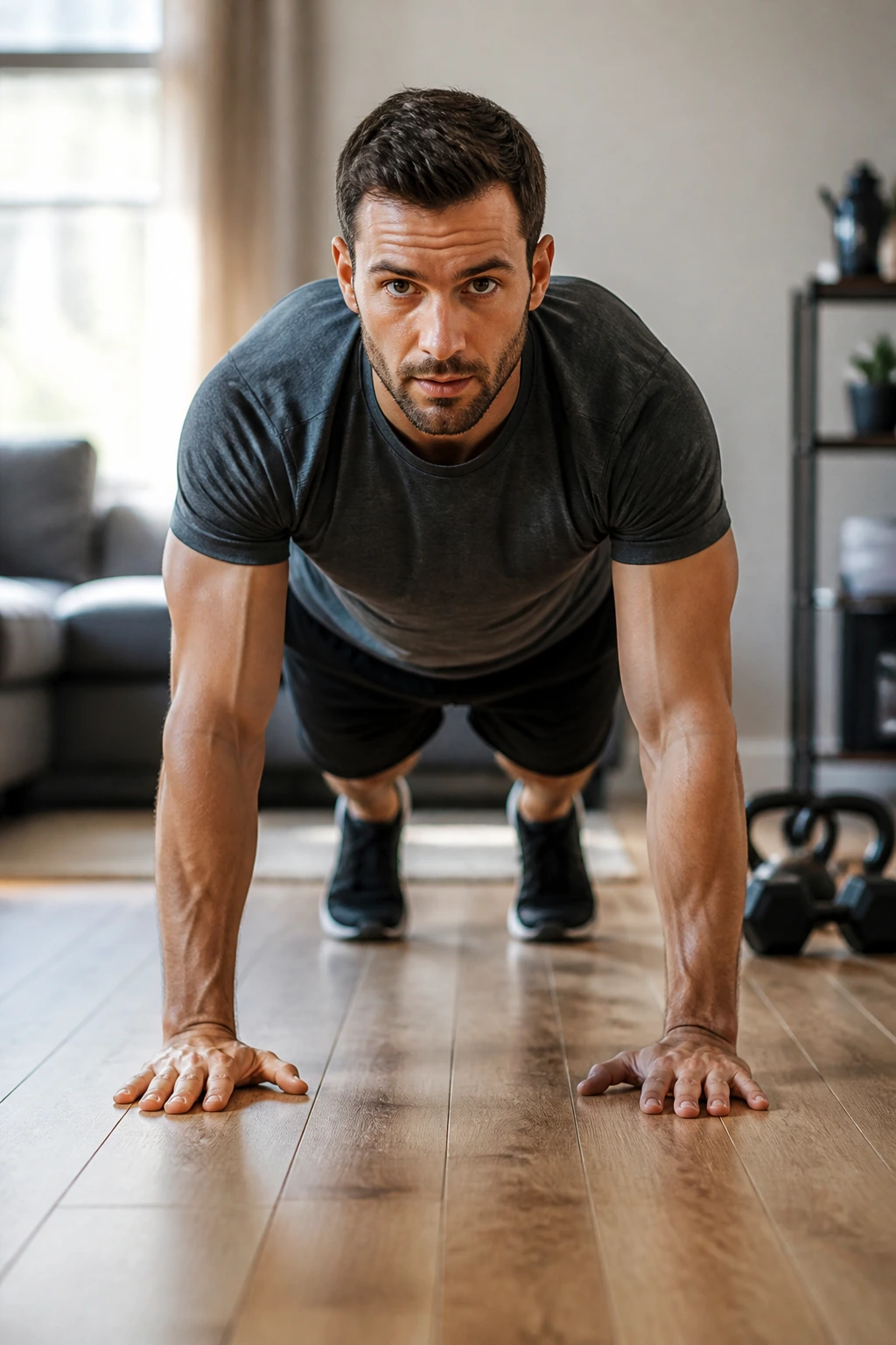 Front view of a person in high plank with straight arms and a flat back