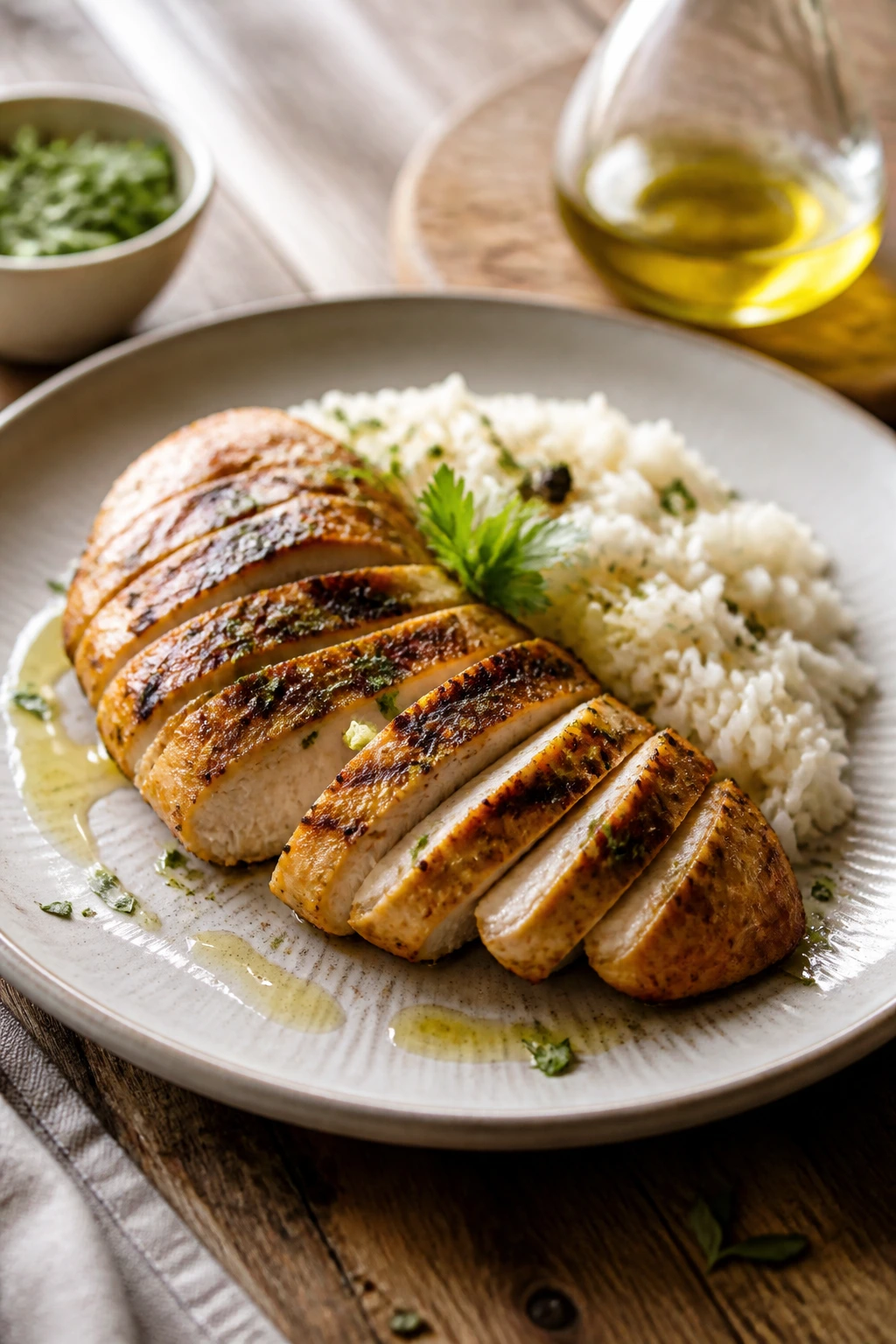 Close-up plate with high-protein chicken and rice in a warm kitchen setting