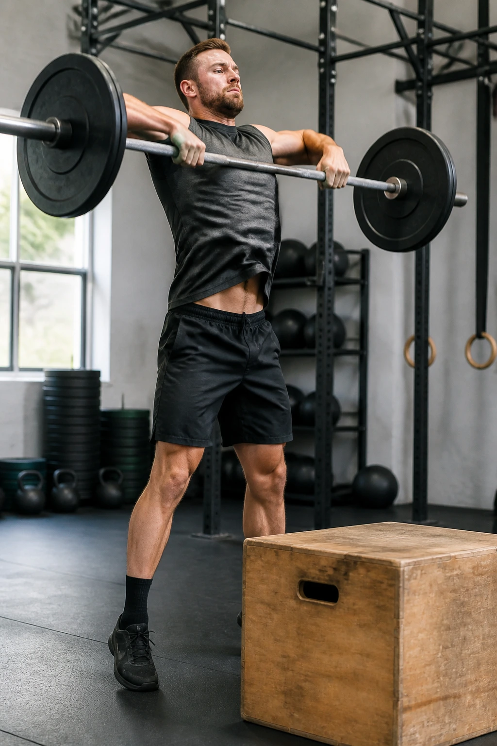 Athlete performing barbell high pull near plyo box in gym