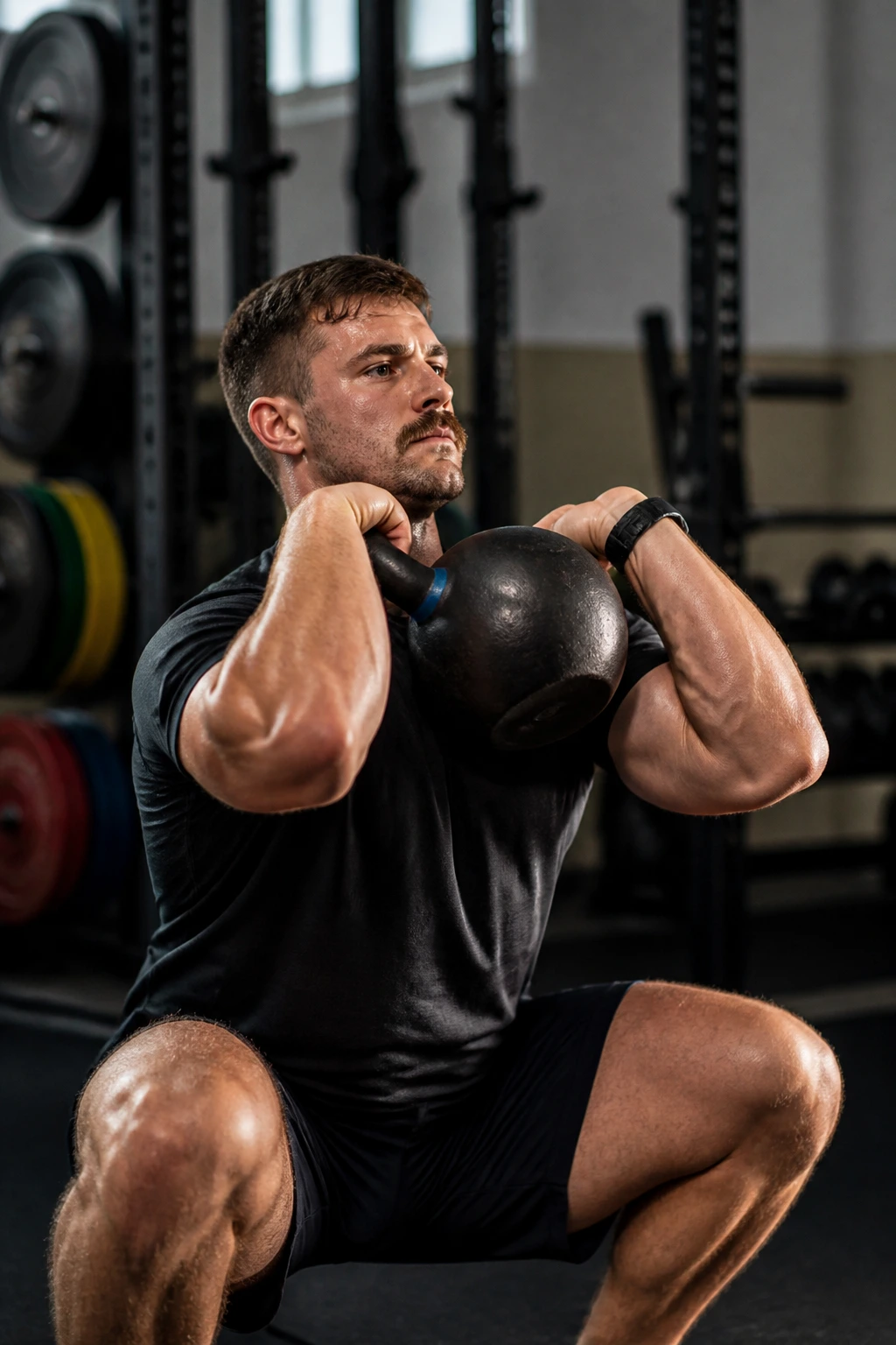 Close-up of athlete performing high pull to front squat with elbows high in a gym