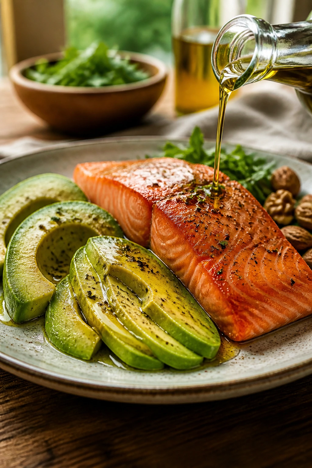 Close-up of fatty foods like avocado and salmon on a plate
