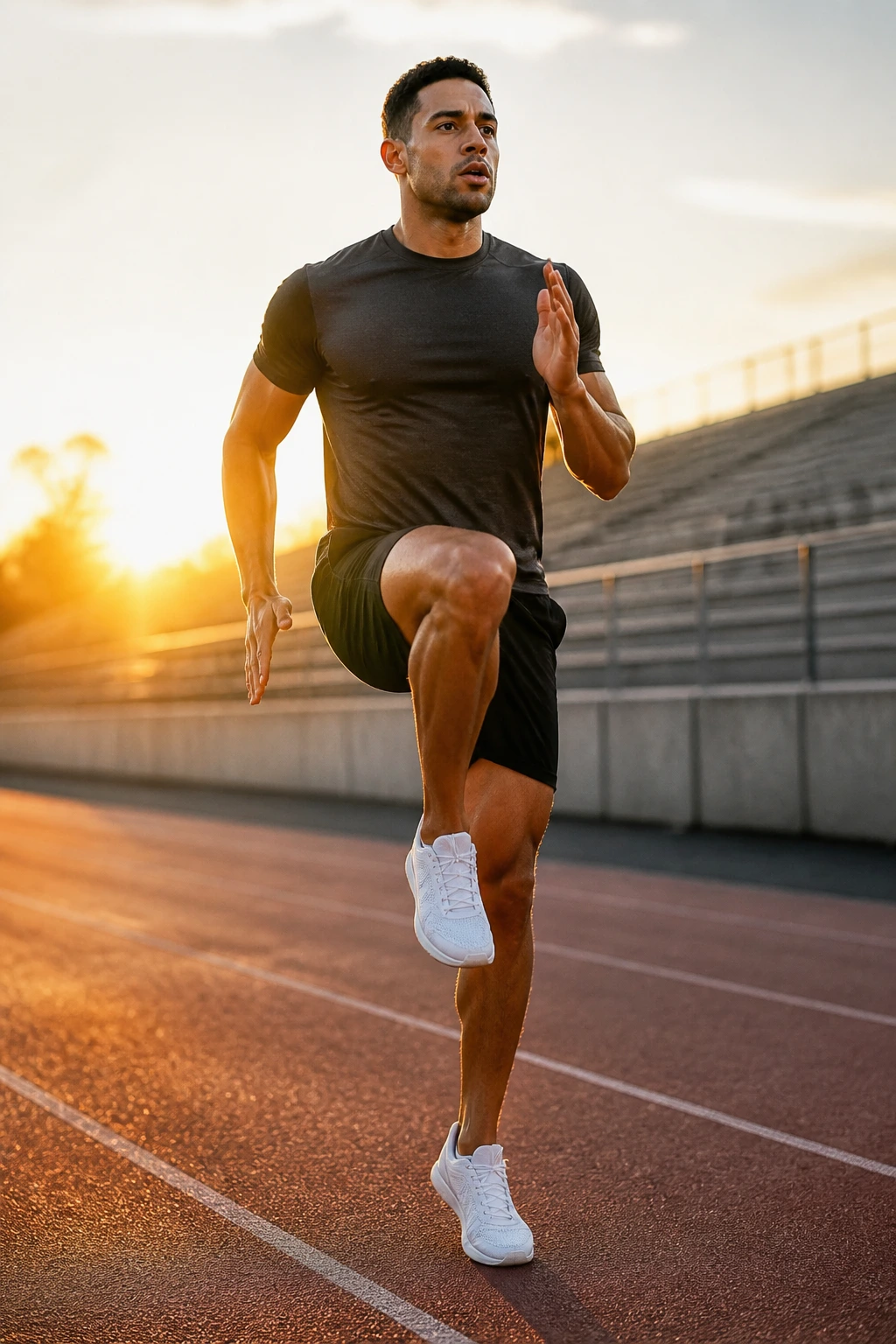 Athlete doing high knees on track during golden hour.