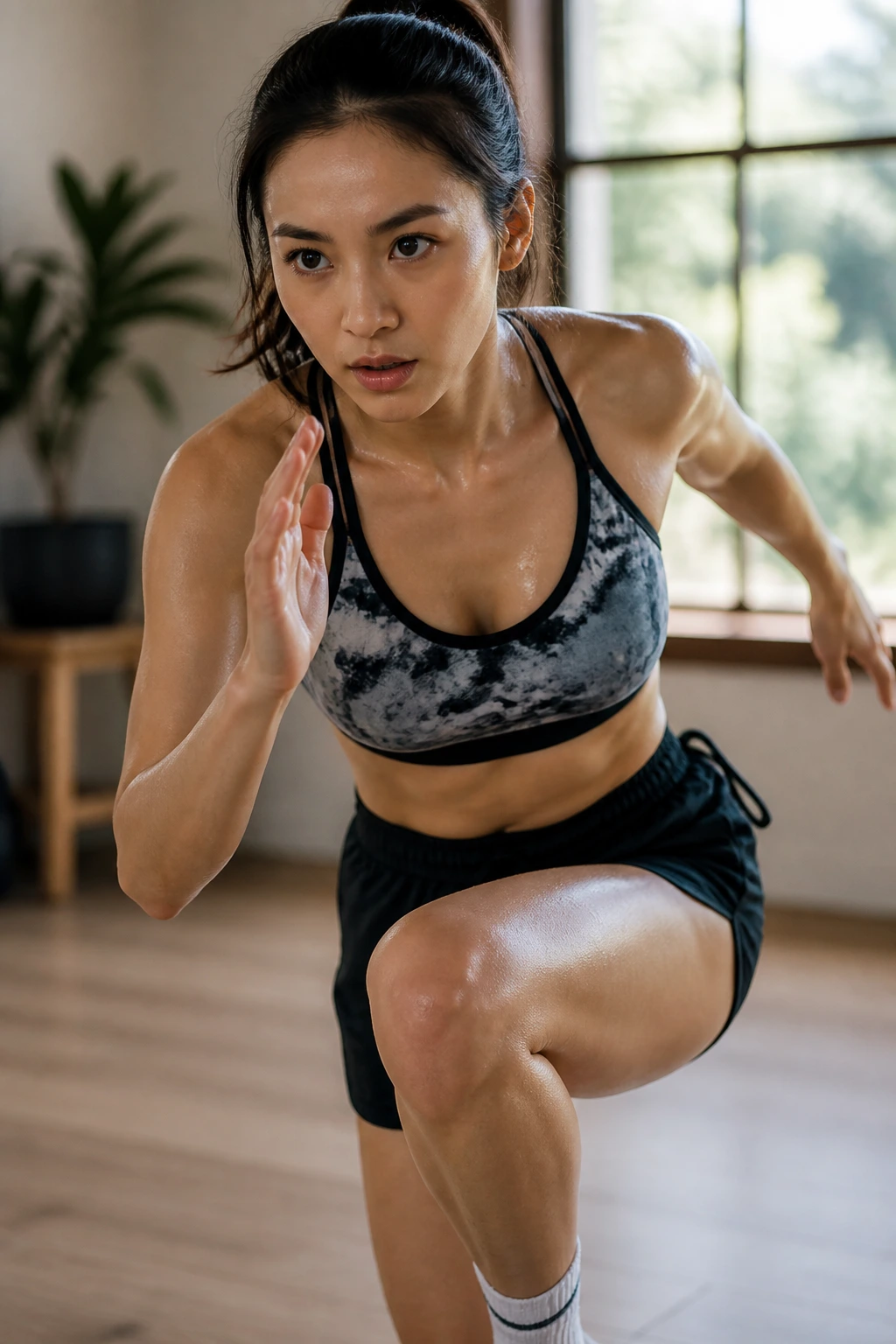 Real woman performing HIIT move in a sunlit home gym