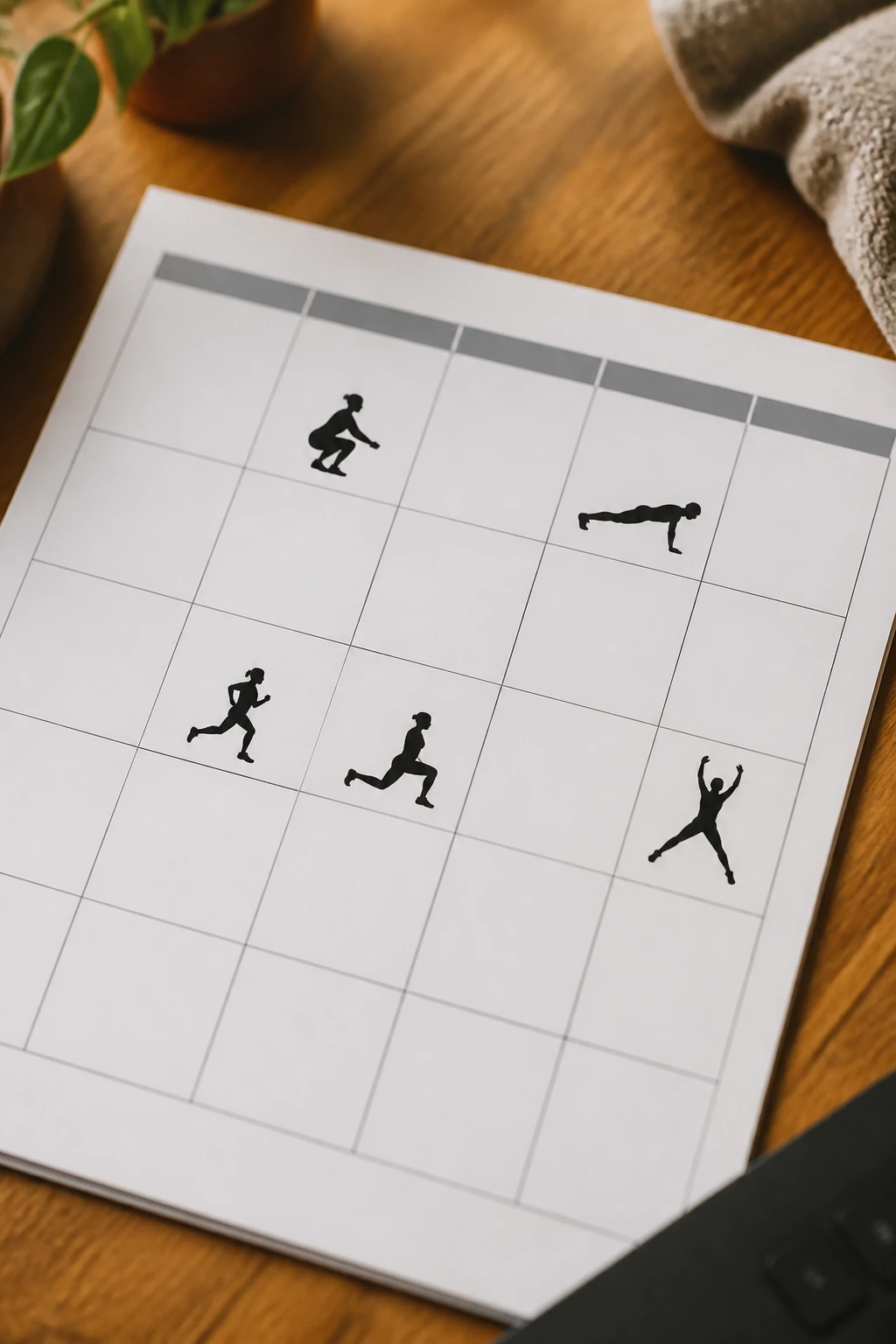 Desk calendar grid with athletic icons for Beginner HIIT-Lite Calendar