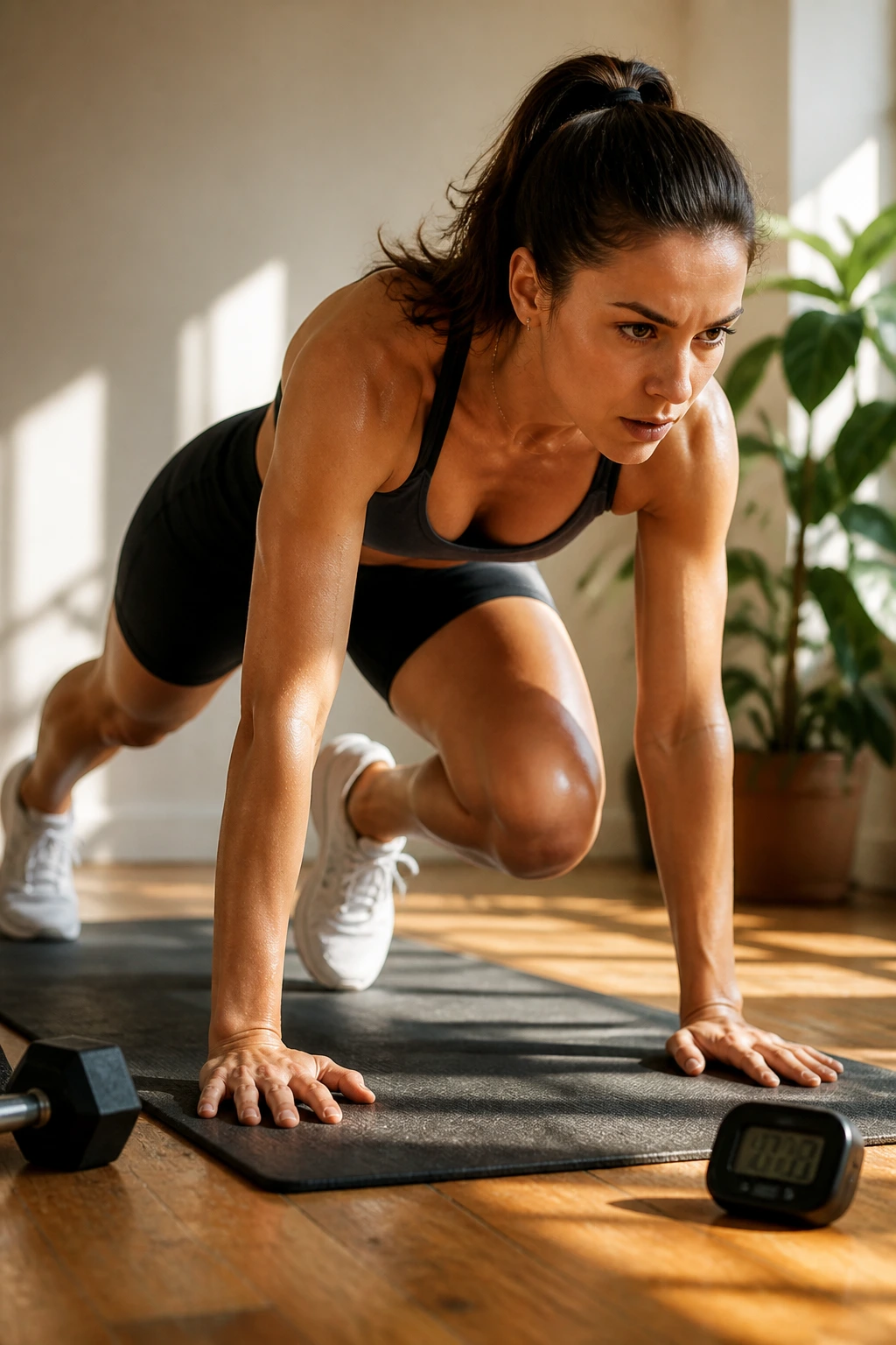 Close-up of a fit woman performing mountain climbers on a mat in a bright home gym