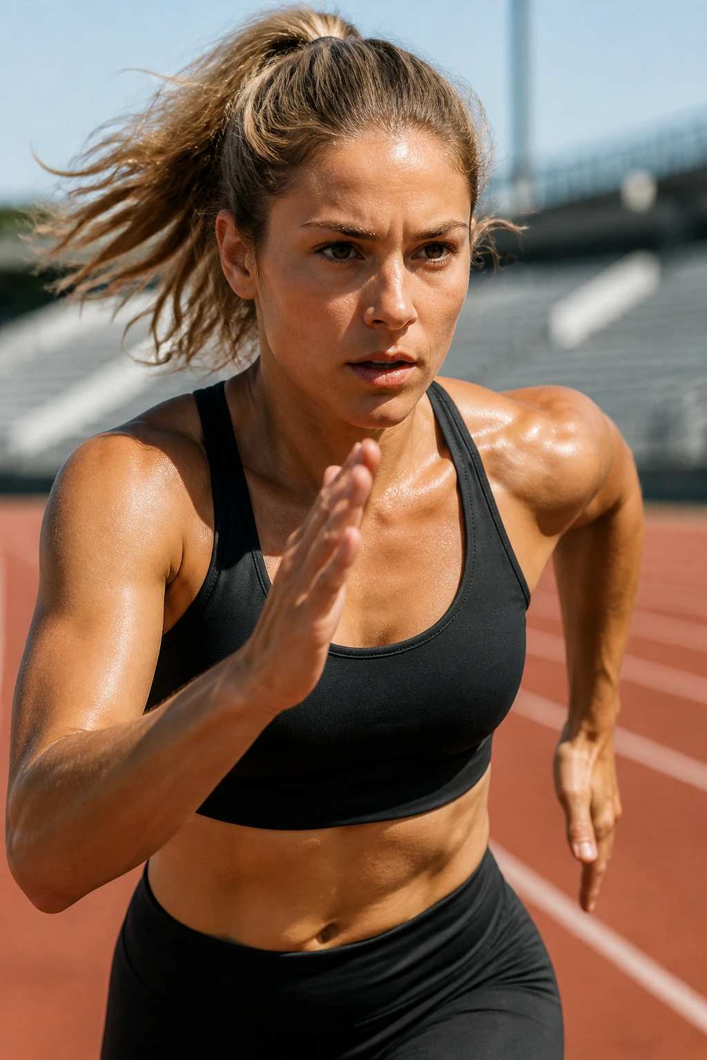 Close-up of a sprinter on track during HIIT sprint, emphasizing leg drive and effort