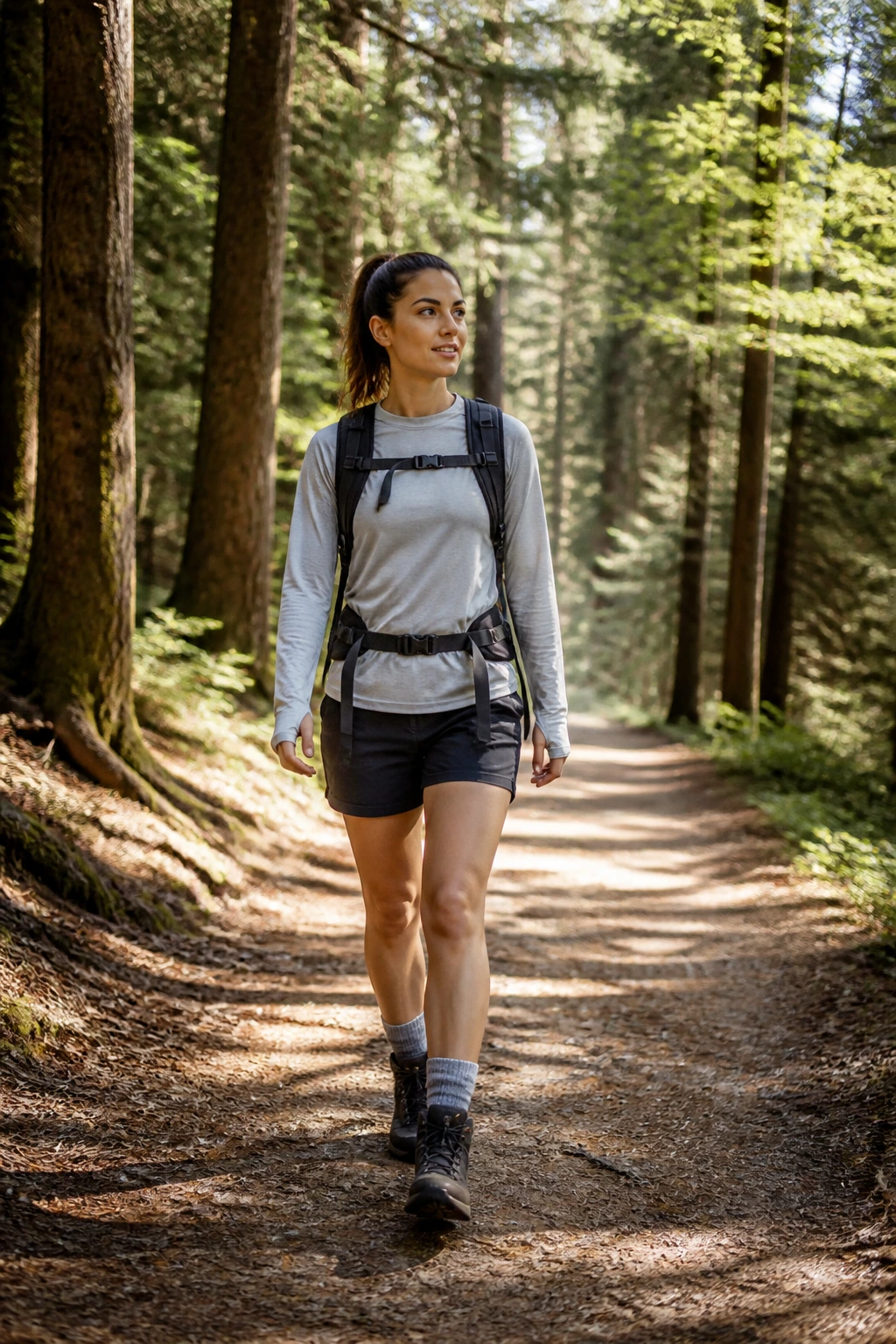Hiker on flat forest trail in morning light