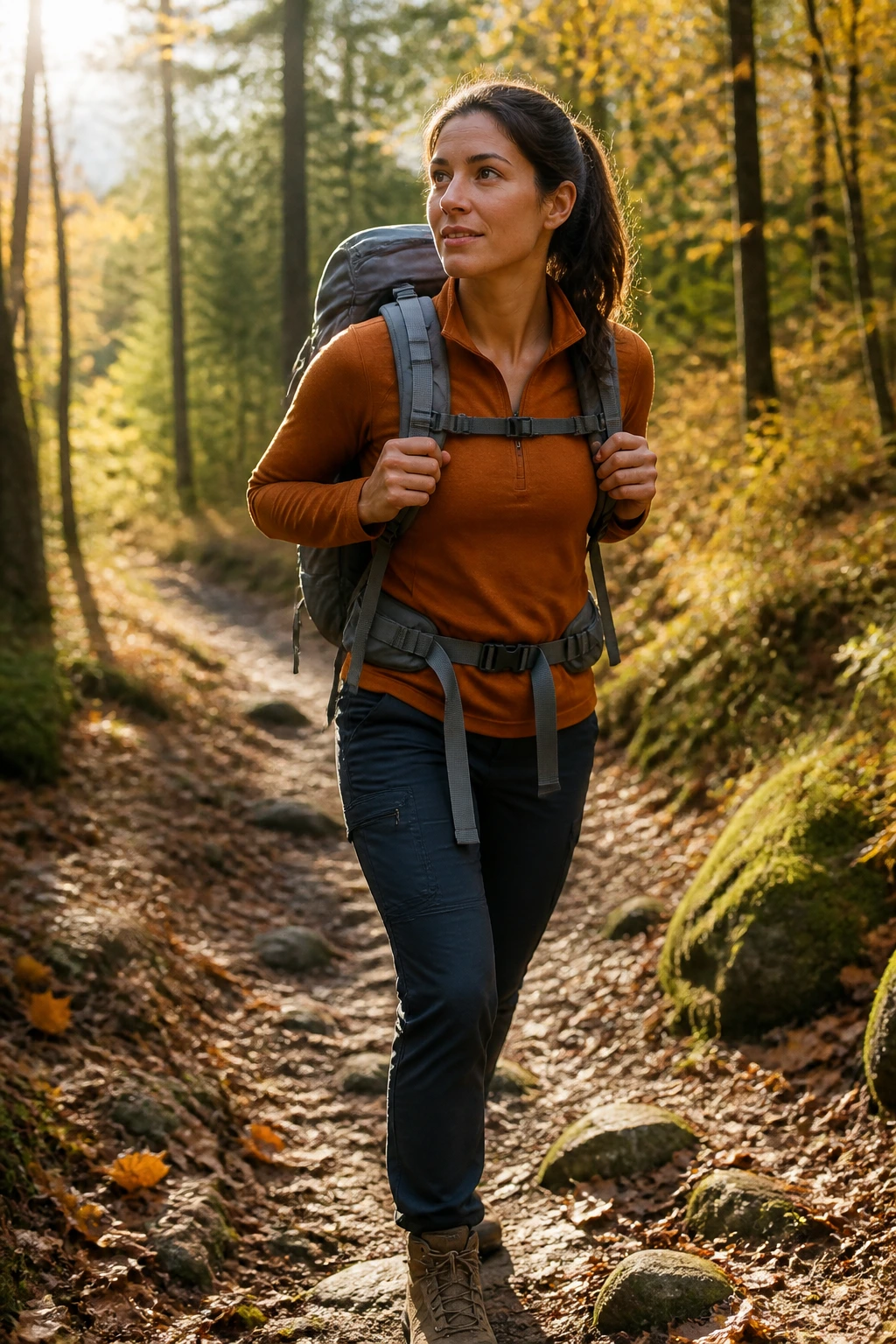 Hiker mid-stride on a forest trail with backpack