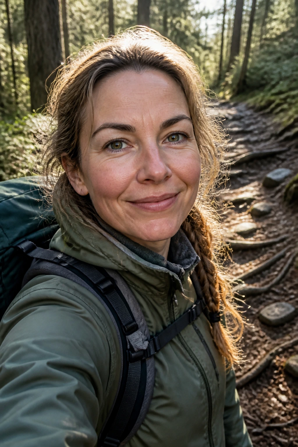 Close-up hiker portrait on forest trail
