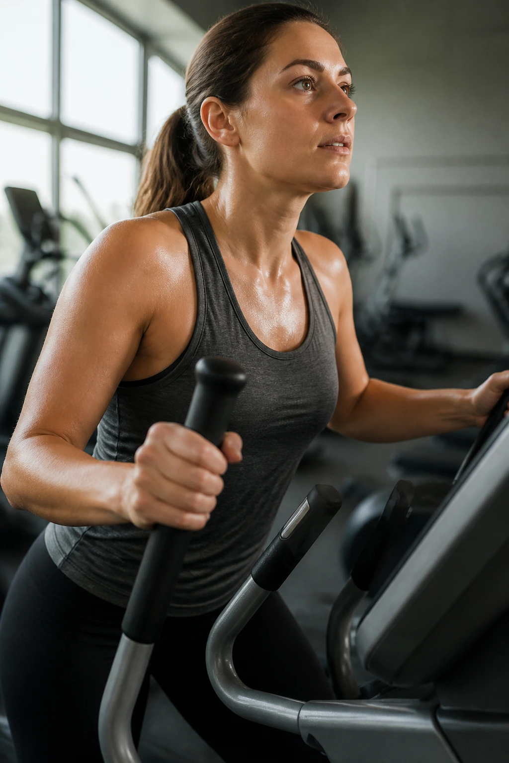 Person on cross trainer climbing a gentle hill with low resistance in a gym